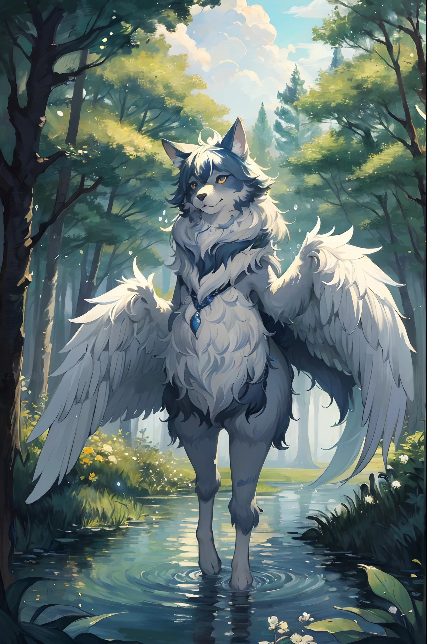 High-quality illustrations by Claude Monet, Impressionism, cover_page, highres, absurdres, detailed background, lake, dawn, detailed forest, clouds, Mysterious and romantic atmosphere, caustics surface(refraction, polarization)perfect anatomy(handsome 1boy, single, kemono, solo focus)volumetric lighting, Wet clothes, Water droplets(furry anthro)(very detailed body fur)full body, soft and delicate color palette, dramatic composition,