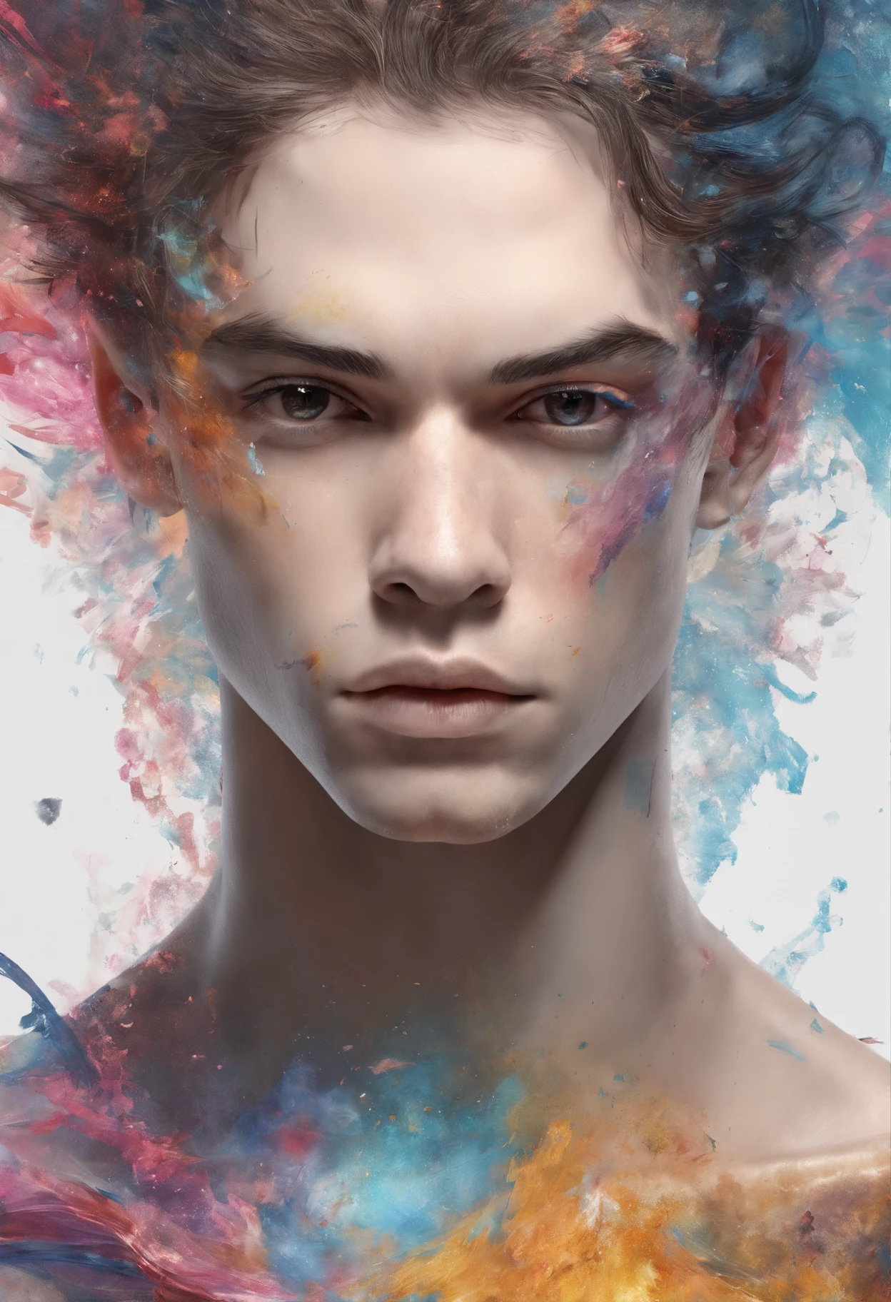 Perfect centralization, Fantastic particles, delight, Standing position, Abstract beauty, centre, Looking at the camera, Facing the camera, nearing perfection, Dynamic, highly detailed, Liso, foco nítido, 8K, A high resolution, illustration, Art by Carne Griffiths and Wadim Kashin, A background with distinct strokes, Background with fragment color, tons vívídos, Ink nebula background, 17 year old boy, olhos cor de mel, brunette color hair,musculature, The shape of the athletic physique, extremely detaile,Dissipate particles