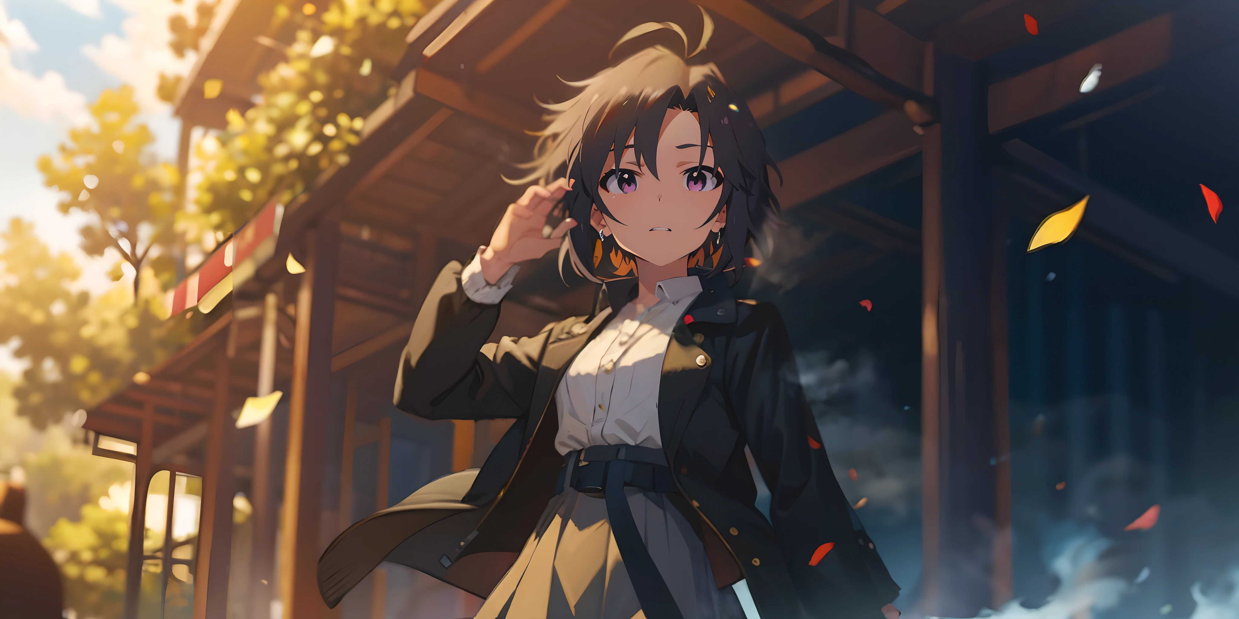 makoto kikuchi, (short hair, black hair:1.6), purple eyes, 1girl, earrings, solo, jacket, skirt, looking_at_viewer, breasts, shirt, white_shirt, black_jacket, belt, open_clothes, collared_shirt, medium_breasts, open_jacket, confetti, high-waist_skirt, "long shot scenic professional photograph of {prompt}, perfect viewpoint, highly detailed, wide-angle lens, hyper realistic, with dramatic sky, polarizing filter, natural lighting, vivid colors, everything in sharp focus, HDR, UHD, 64K", anime coloring, anime screencap, steaming body, fog, heavy breathing,