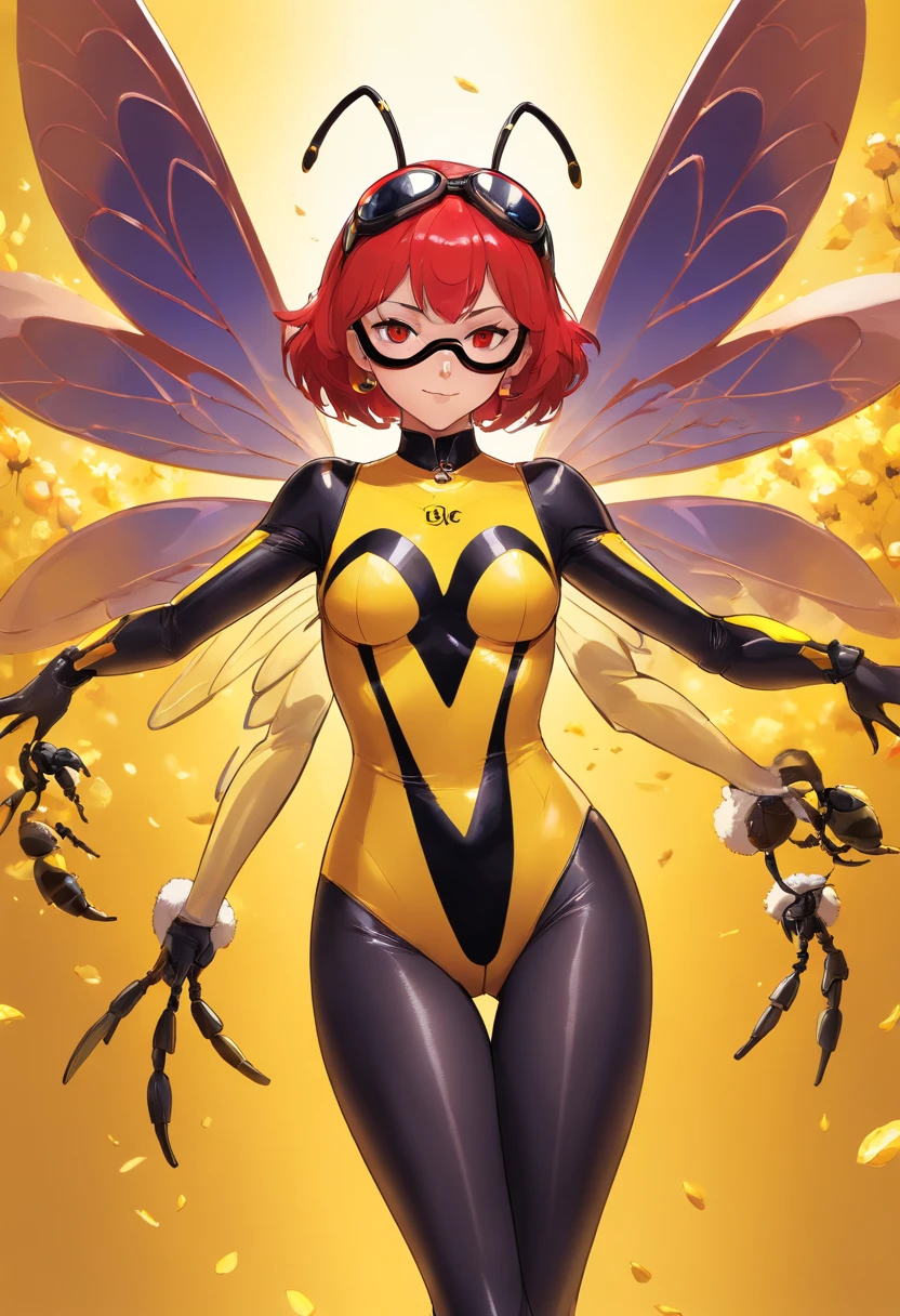 Sexy female villain, bee themed bodysuit, latex, bee wings, stinger, red compound goggles, high heels