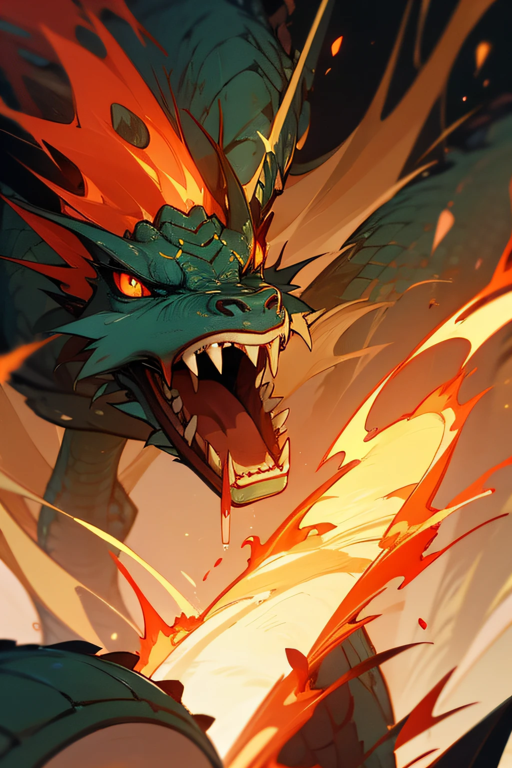 Sturgeon with a body on fire，Flush into the water，Engage in close-quarters combat with water dragons，The body of the sturgeon has been burned and shattered，The water dragon is magnificent