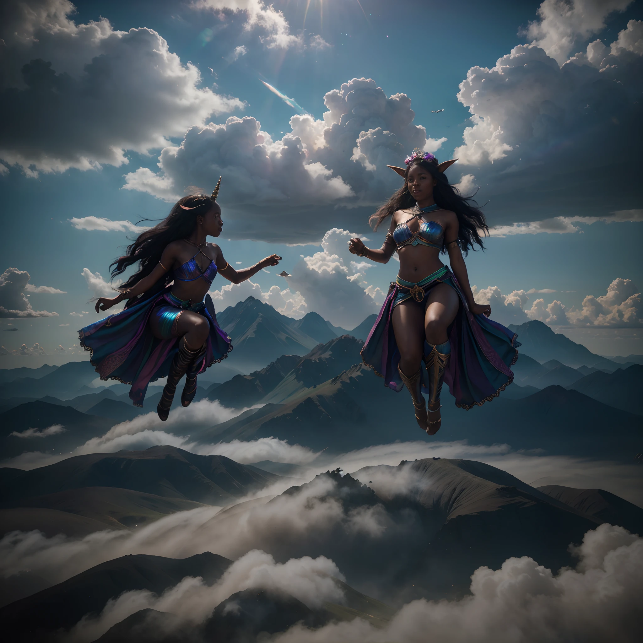 Wide angle shot of African children elves flying in the sky among clouds with unicorns, black fairy angels flying, mystical sky with fairy dust in air shining, with iridescent light, 32k, ultra HD, unreal engine rendered, cinematic lighting, artgerm style, cgsociety 9, deviantart, art by Bella kotak, octane 3d rendering, fantasy art
