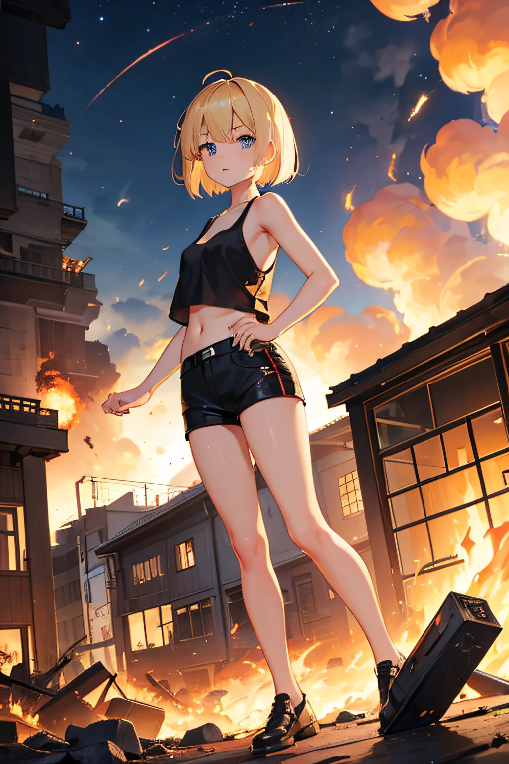 during night、Base explosions and flames、Exploding buildings、cute blonde girl、cute  face、elegant sleek smooth body、full body Esbian、Short bob hair、a blond、blue eyes、Black tank top、sexy black shorts、Wearing black shorts