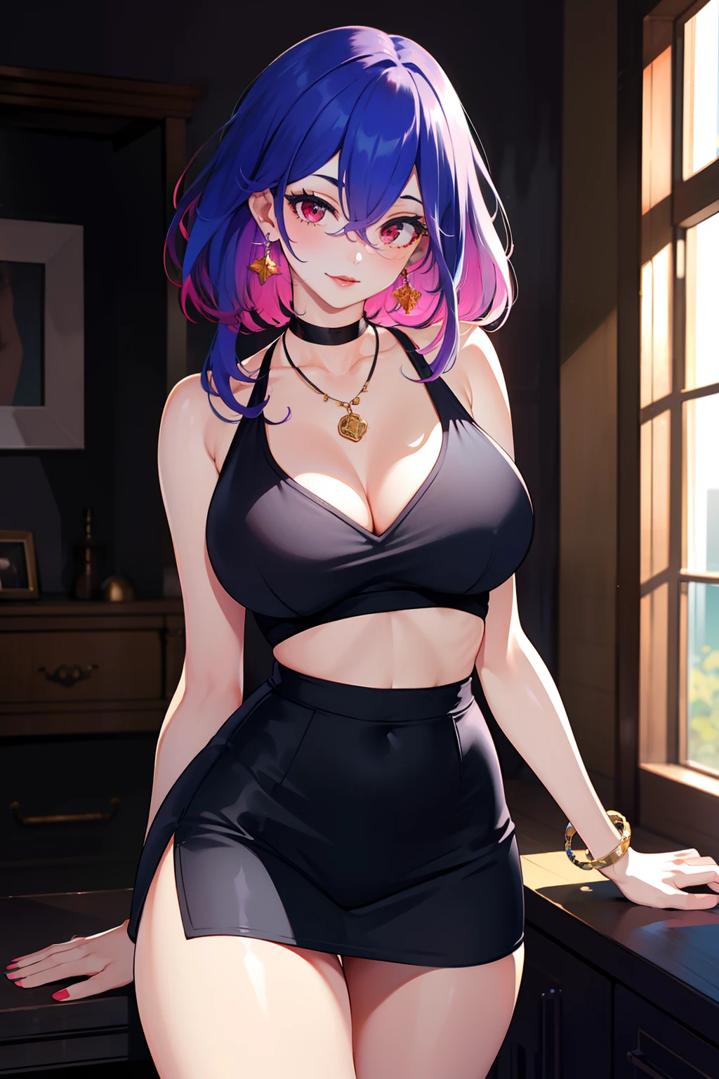 masterpiece, best quality, highly detailed, 1girl, solo, perfect anatomy, slim, red eyes, blue hair, bangs, purple hair, hair between eyes, multicolored hair, gradient hair, pink lips, thick thighs , edgCT, blouse, wearing edgCT, chic top, light smile, detailed background, outdoor, standing, sexy, sunglasses, skirt, earrings, necklace, bracelet,