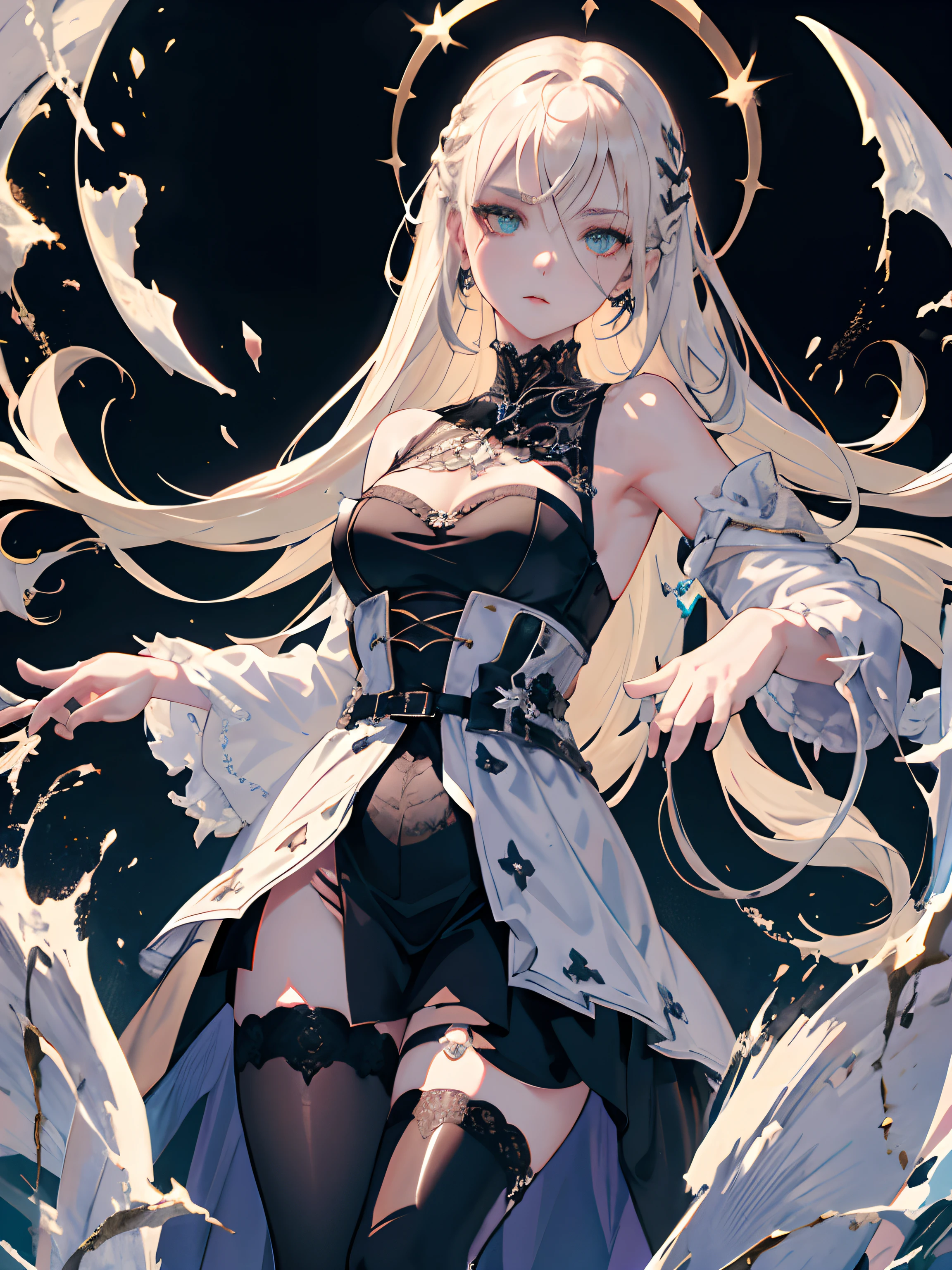 ((masterpiece, best quality)), (1girl), (solo), (female focus), (ash blonde hair, long hair), green eyes, arms behind back, sad eyes, cold facial expression, cold look, gothic dress, pale skin, colour grading, dark illustration, extreme quality, radiant, extremely detailed, ultra-detailed face, ultra hd 8k, ultra digitality, mythical, dark lightning, perfect face, beautiful, (perfect composition: 1. 4), detailed face and body, award-winning photography , fields, detailed face, detailed hands, looking at the viewer, cinematic lighting, embers, fantasy background, water splashes, foggy haze, (necromancer), (villain), faux traditional media, (masterpiece, best quality, ultra-detailed, best shadow), (beautiful detailed face, feminine features), (best illumination), ((cinematic light)), colorful, hyper detail, dramatic light, intricate details, (dark circle under eyes), gothic, decadence, stunning, eerie