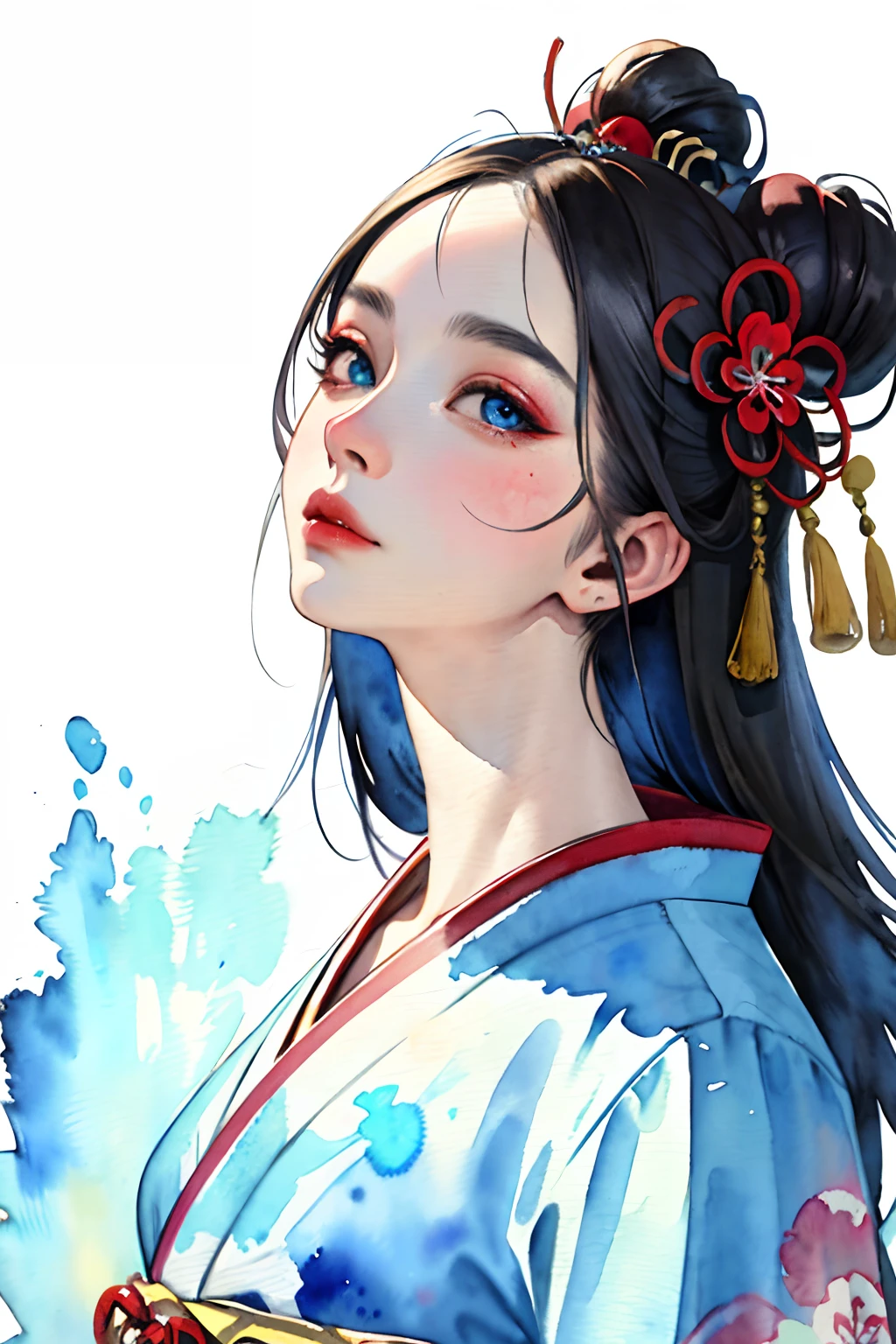 (masterpiece:1.2, best quality), (very detailed face, real picture, realistic skin, realistic body, intricate details), solo, blue eye shadow, casual,ukiyo-e, (Watercolor:1.3), Oiran,
