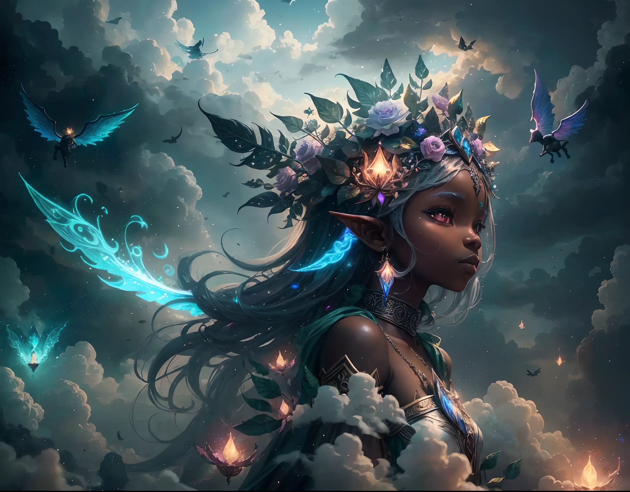black skinned elves flying in the sky among the clouds with unicorns in a sky full of black elves, black fairy angels flying, mystical forest with fairy dust in air shining, with iridescent light, 32k, ultra HD, unreal engine rendered, cinematic lighting, artgerm style, cgsociety 9, deviantart, art by Bella kotak, octane 3d rendering, masterpiece, highly detailed images --auto --s2