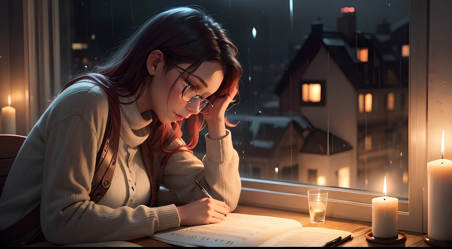 A woman listening to music, writing, wine bottles and glasses, night,window, candle, rain out ther