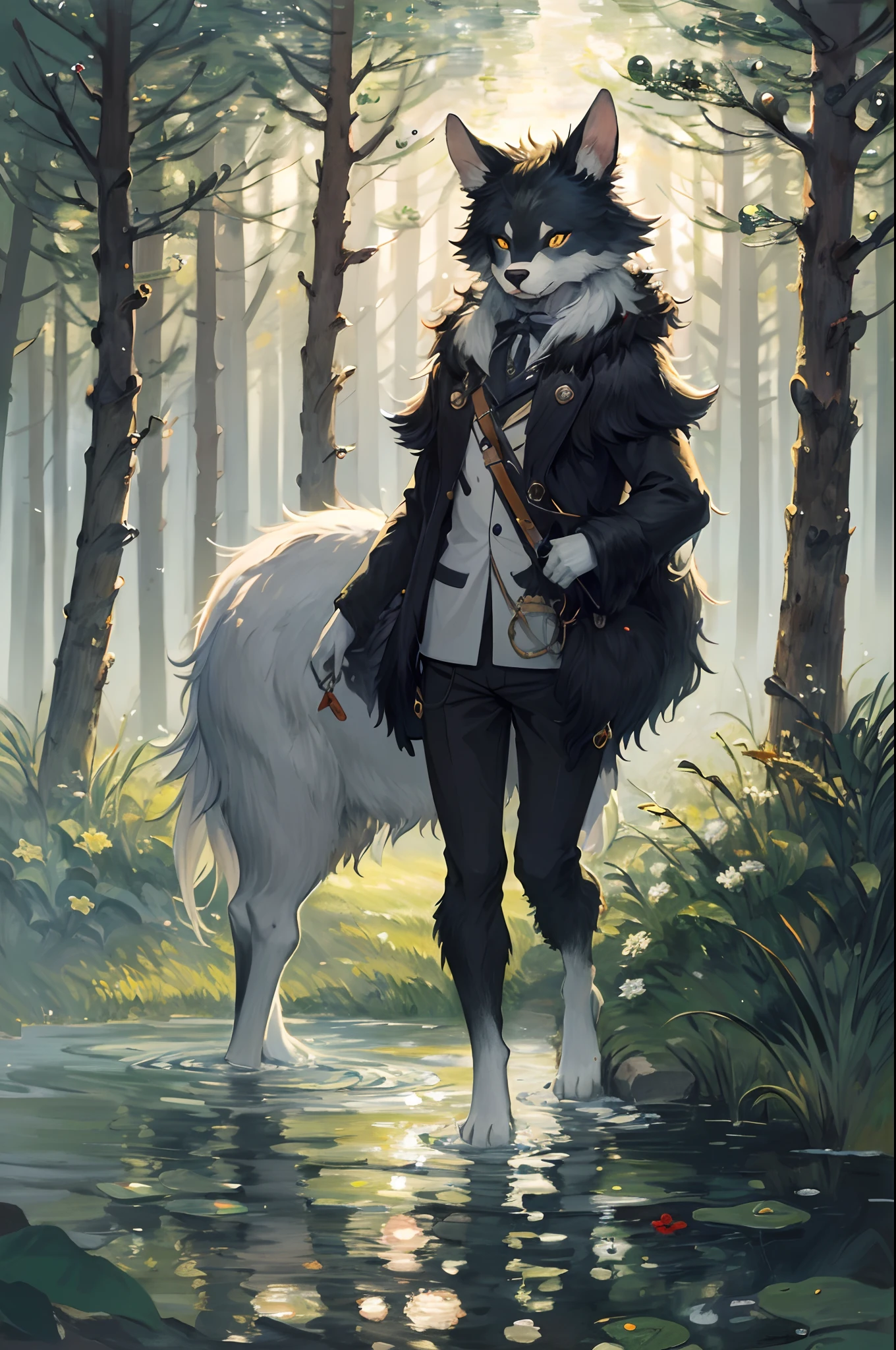 High-quality illustrations by Claude Monet, Impressionism, cover_page, highres, absurdres, detailed background, lake, dawn, detailed forest, clouds, Mysterious and romantic atmosphere, caustics surface(refraction, polarization)perfect anatomy(handsome 1boy, single, kemono, solo focus)volumetric lighting, Wet clothes, Water droplets(furry anthro)(very detailed body fur)full body, soft and delicate color palette, dramatic composition,