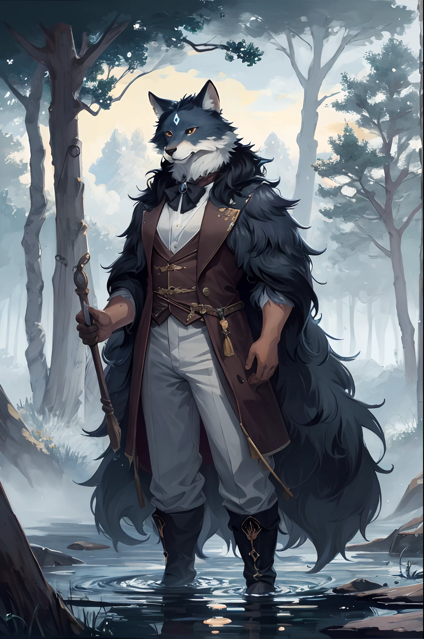 High-quality illustrations by Claude Monet, Impressionism, cover_page, highres, absurdres, detailed background, lake, dawn, detailed forest, clouds, Mysterious and romantic atmosphere, caustics surface(refraction, polarization)perfect anatomy(handsome 1boy, single, kemono, solo focus)volumetric lighting, Wet clothes, Water droplets(furry anthro)(very detailed body fur)full body, soft and delicate color palette, dramatic composition,