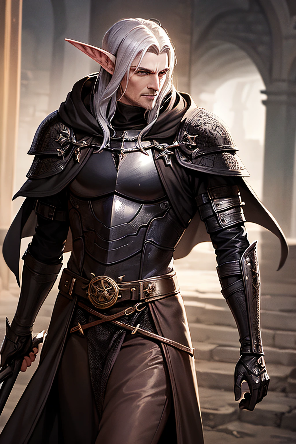 dark fantasy, crooked, elvish man, knight, leather cloak, character, D&D, grim dark, wicked, old
