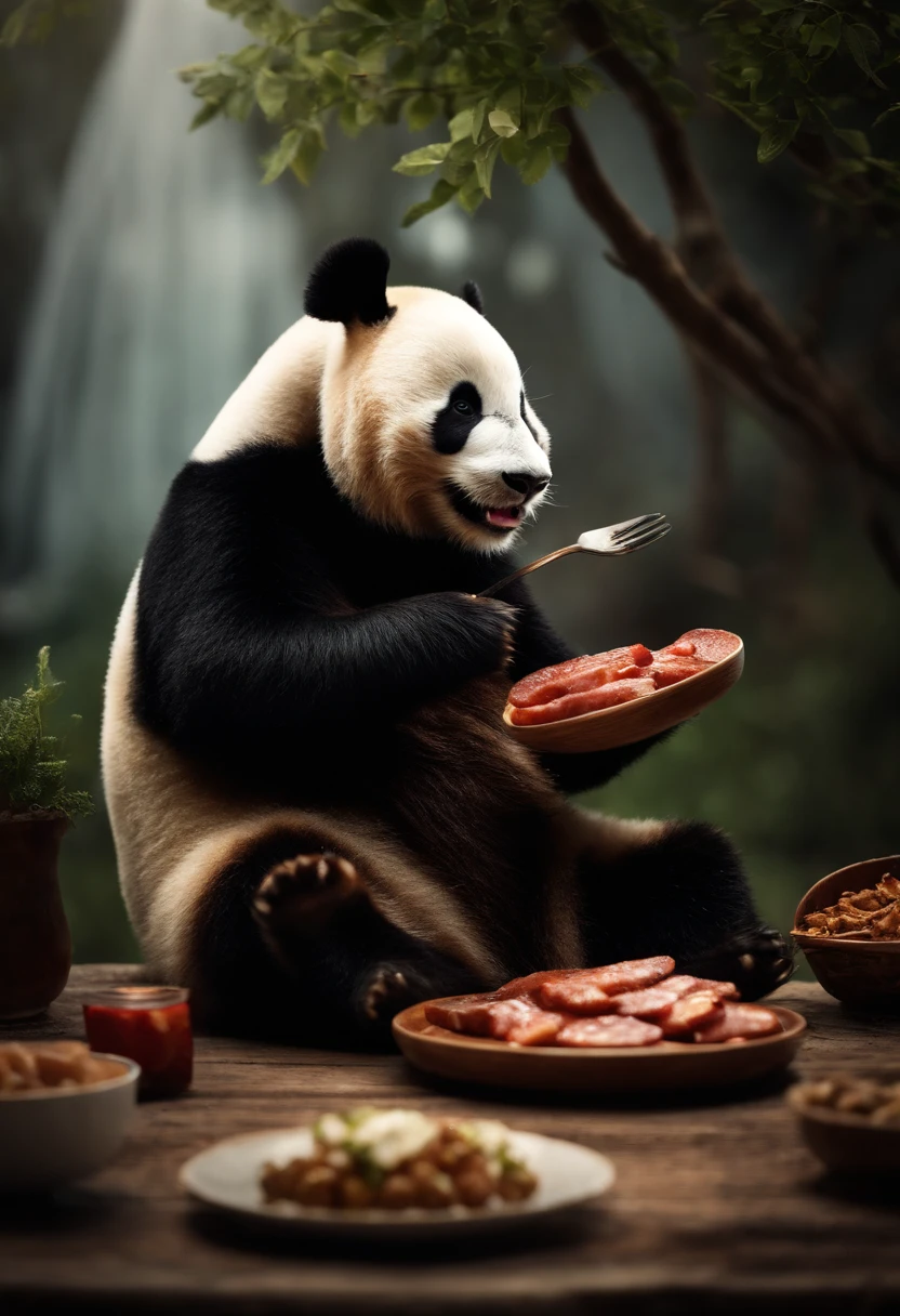 un panda comiendo salchipapa