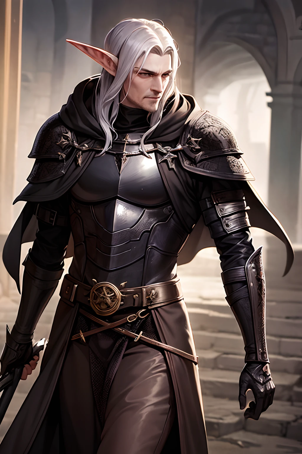 dark fantasy, crooked, elvish man, knight, leather cloak, character, D&D, grim dark, wicked, old