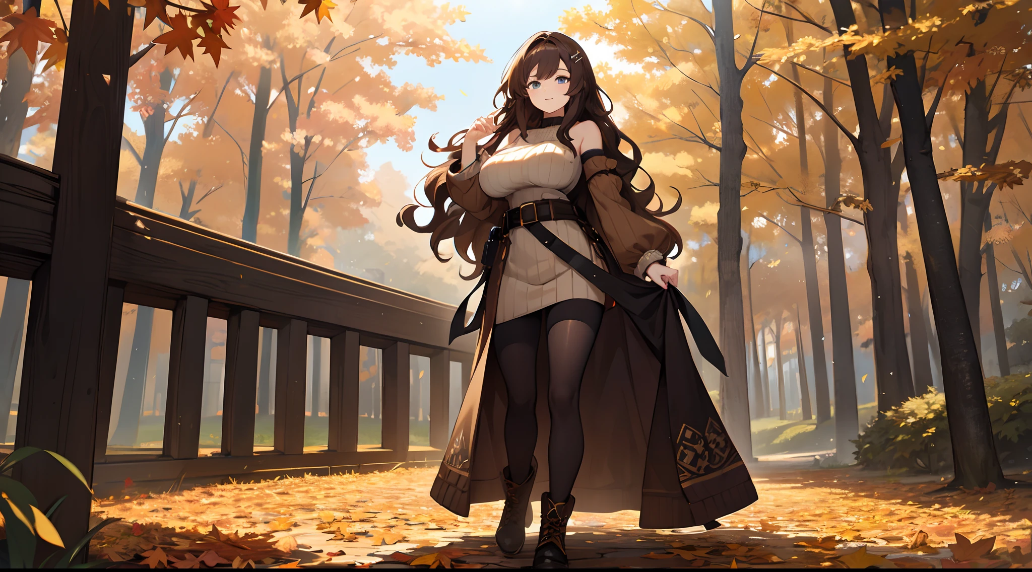 masterpiece,best quality,ultra detailed,8k,tall,big female,gigantic breasts,young,20 years old,medium hair,wavy hair,brown hair,hairclip,happy,smile,brown sweater,ribbed sweater,bare shoulders,detached sleeves,belt buckle,black tights,boots,strapless,fall leaves,park,autumn leaves,outdoors,full body,
