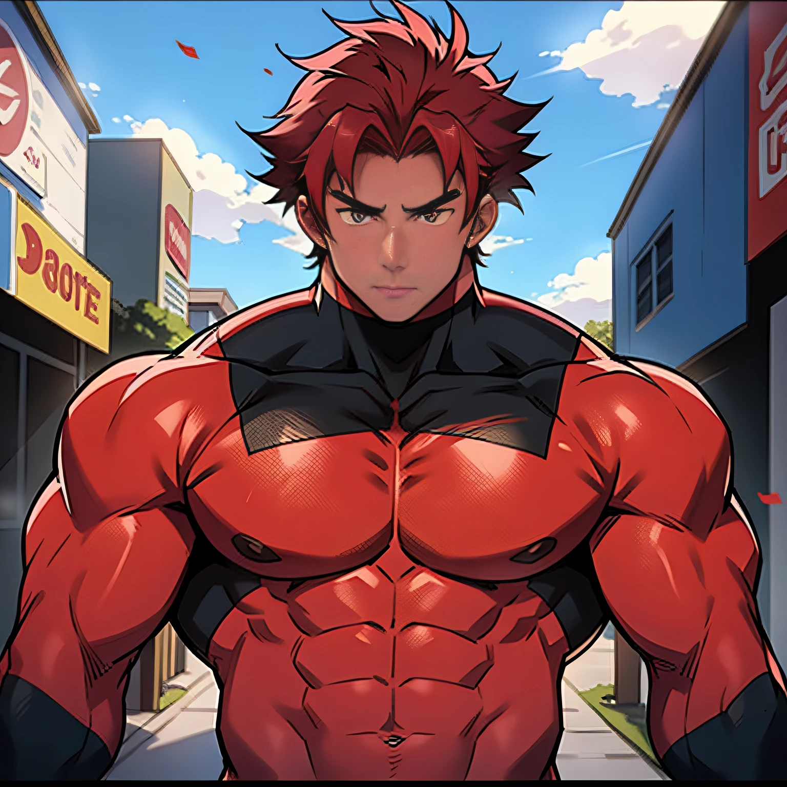 It generates an anime style image of a very handsome 15-year-old with red hair and a body full of muscles.