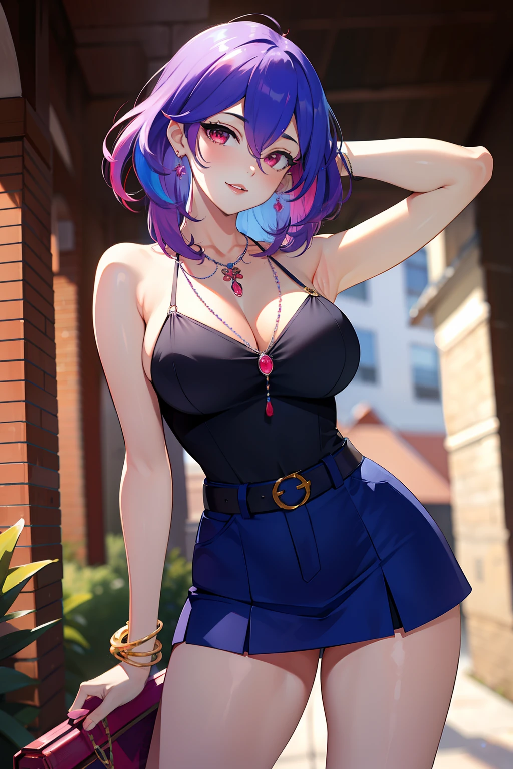 masterpiece, best quality, highly detailed, 1girl, solo, perfect anatomy, slim, red eyes, blue hair, bangs, purple hair, hair between eyes, multicolored hair, gradient hair, pink lips, thick thighs , edgCT, blouse, wearing edgCT, chic top, light smile, detailed background, outdoor, standing, sexy, sunglasses, skirt, earrings, necklace, bracelet,