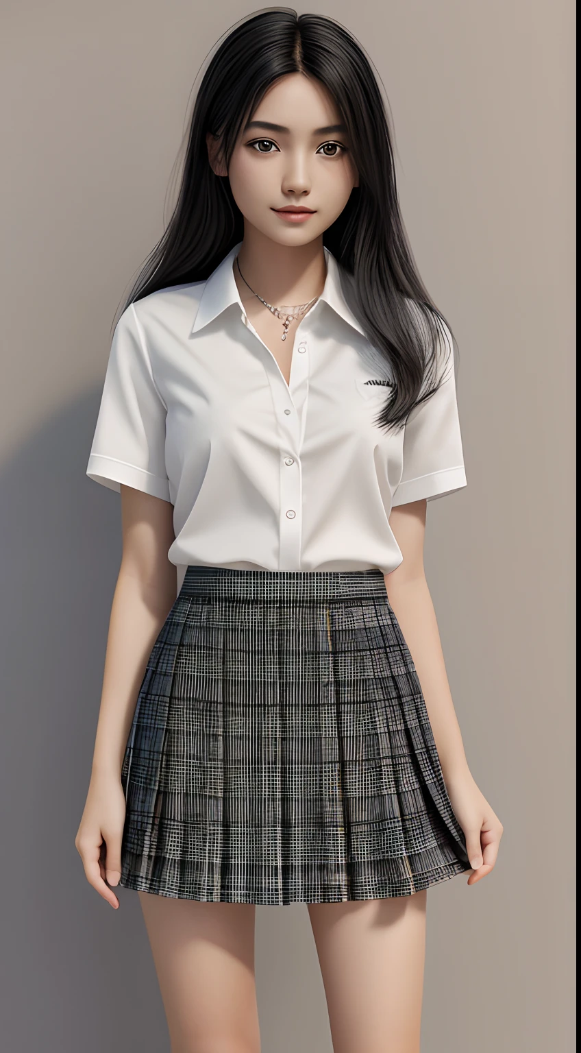 1girl in, age18, Solo, Aesthetic artwork, native american, black hair, straight black hair, shoulder length black hair, dark eyes, clear skin, pale skin, A-cup, small breasts, slim body, fullbody shot, (textured skin, skin pores:1.1), (moles:0.8), imperfect skin, goosebumps, ((ultra short skirt)), ass, shirt, (blank background: 2), (plaid skirt: 1.75), white shirt, Show a little chest through the shirt, loafers, plaid, short sleeves, on the neck, sluty school girl uniform, jewelry, half smile, pleated skirt, depth of field, (extremely detailed 8k wallpaper), soft lighting, front light, high quality, film grain, Fujifilm XT3 sharp focus, f 5.6, 50mm, High Detail, Sharp focus,(natural light), (seductive), Realistic, ultra realistic, photo realistic, crazy details, complex details, hyper detailed,
