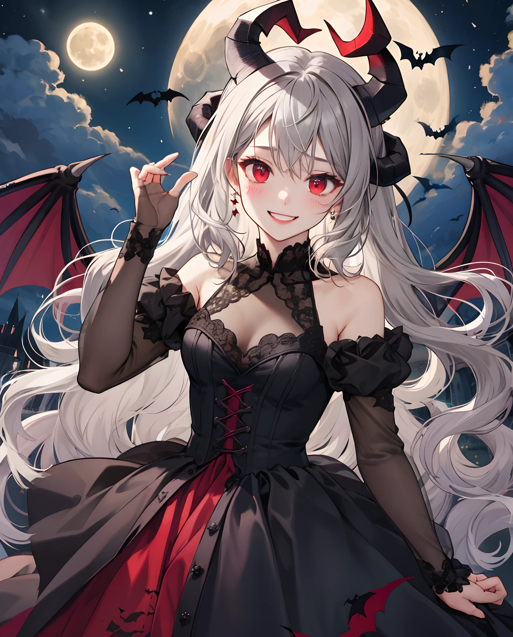 Bats 
dress

Wavy gray hair、demon horns on head，red eyes、One beautiful vampire girl、red blush、Black Dress、Midnight、A smile、Western castles、a moon