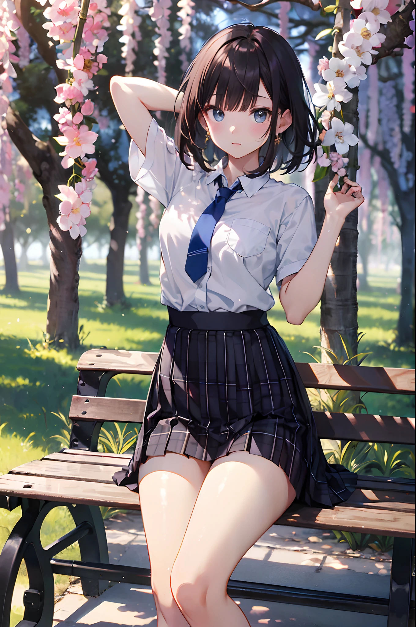 (top-quality、in 8K、32K、​masterpiece、nffsw、超A high resolution、Impresionismo、Photorealsitic:1.2)、cowboy  shot、foco nítido、detailed faces and eyes、(À la Fed Tree with Purple Flowers in Park with Bench, Breathtakingly beautiful tree々, Breathtaking - beautiful tree々々taking photo, Weeping willow and flowers, inspired by Matsumura Goshun, by Ikuo Hirayama, by Takeharu Matsumura, Magic Tree, by Kaii Higashiyama, Beautiful trees, very magical and dreamy)、Sharp pupils、Realistic pupils、beauitful face、18 year old beautiful girl、shinny skin、Bery short hair、Beautiful dark brown hair、Blunt bangs、Dark blue eyes、Shirt、neck tie、Plaid miniskirt、Black socks、(Have a skirt、Lifting skirt、I can see the white panties:1.3)、(Embarrassed look:1.2)、Mel Kishida