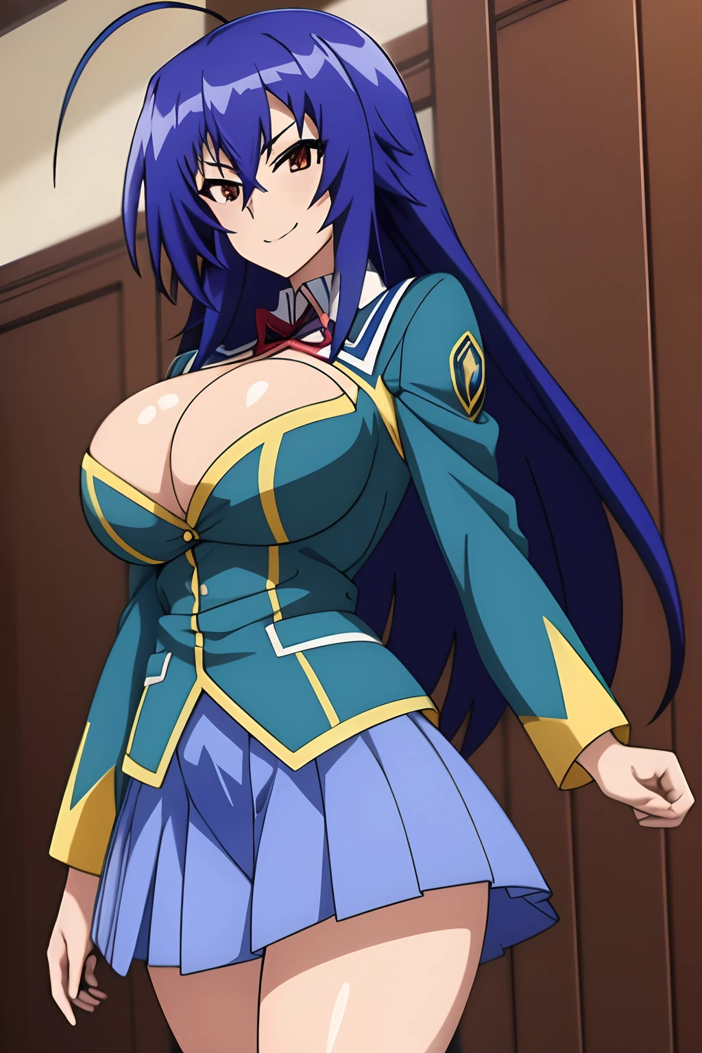 超A high resolution, top-quality, Anime style, Best Quality, masutepiece, Portrait, 1girl in, Kurokami Medaka, Red Eyes, Blue-violet hair, Long hair, Ahoge, large udder, green school Uniform, cleavage cutout, Clothes Cutout, Pleated skirt, crass room, Smile, Cool pose, Armbands, long-sleeve, Light blue skirt