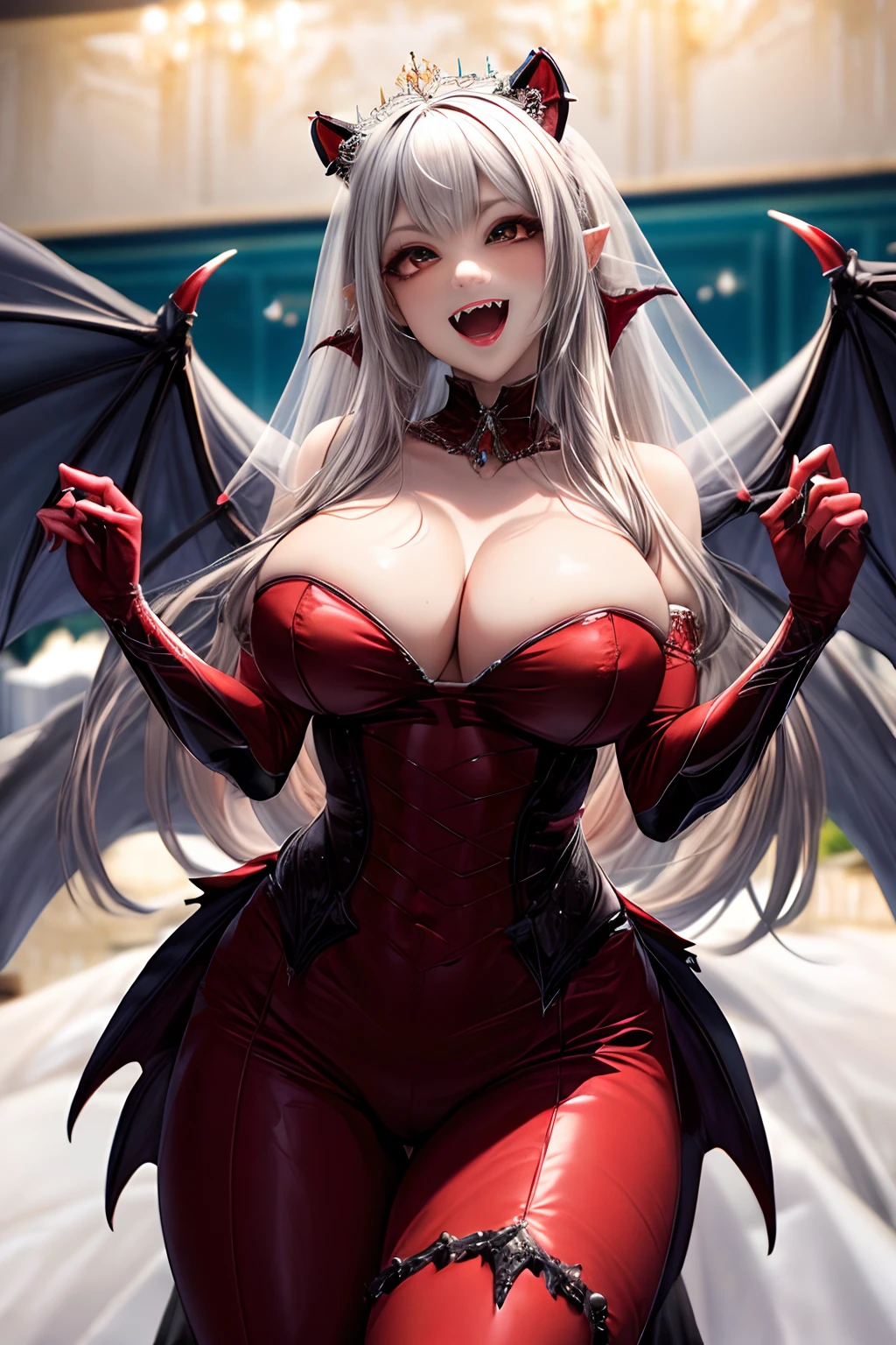 Female vampire in wedding dress, (detailed Large canines:1.5), Curvaceous body, fully clothed, (fangs:1.5), giga_busty,