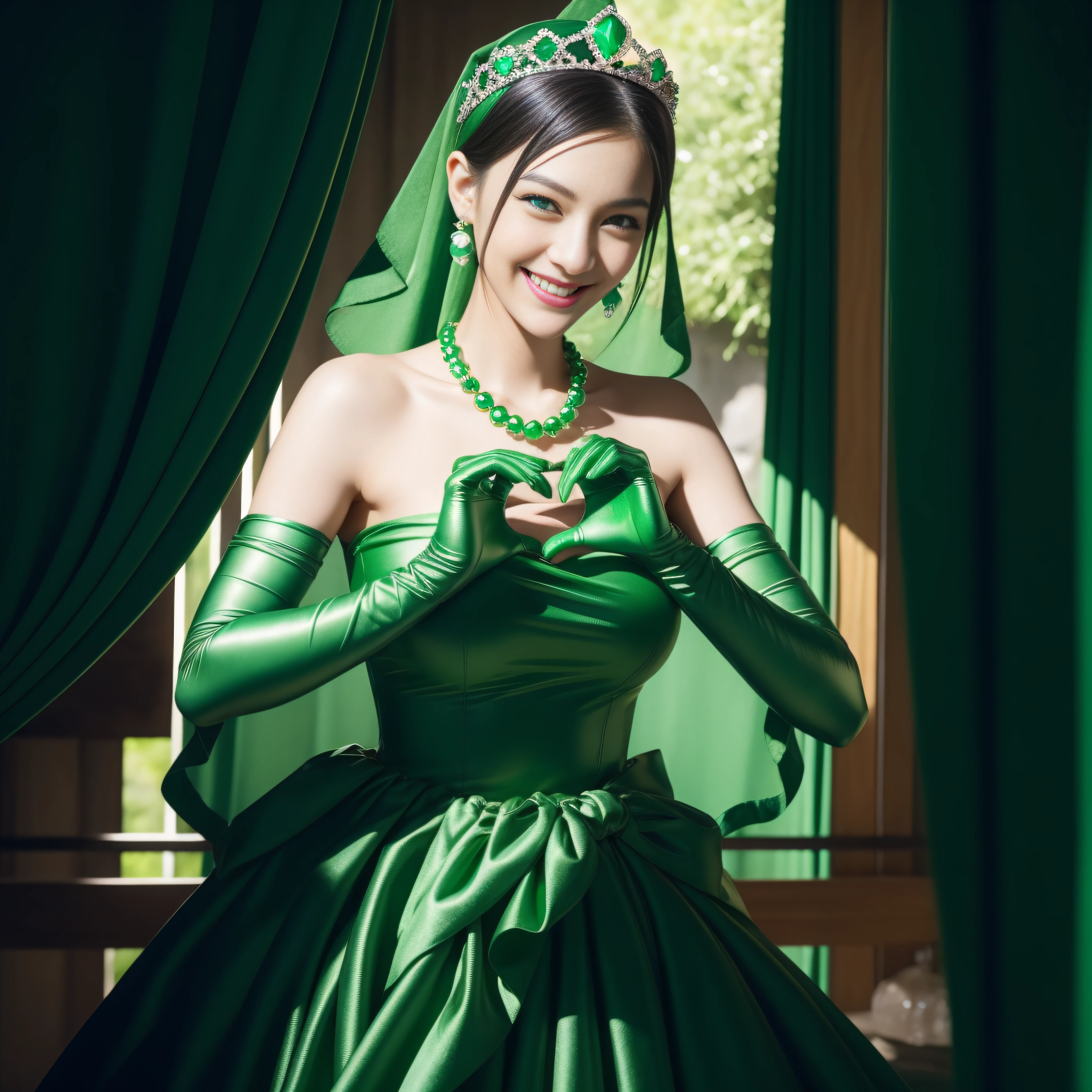 emerald tiara, Green Pearl Necklace, Boyish very short green hair, lipsticks, Japan woman smiling, very short short hair,  big breasts beautiful, Green eyes, Long green gloves made of satin material, Green eyes, Emerald Earrings, green vale, Heart with both hands