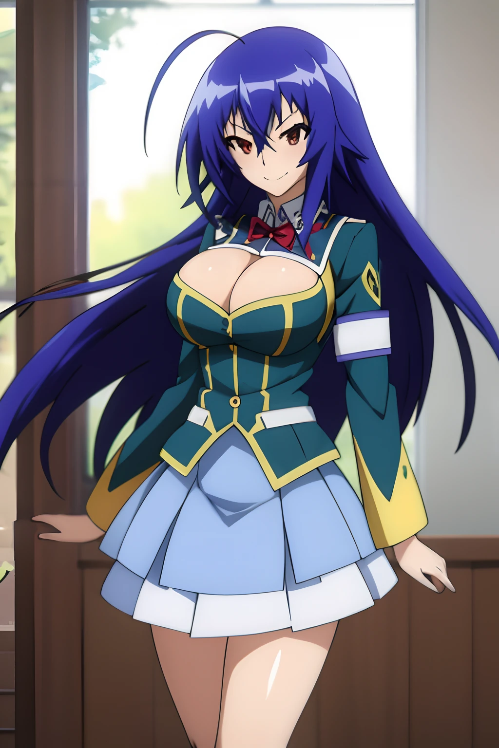 超A high resolution, top-quality, Anime style, Best Quality, masutepiece, Portrait, 1girl in, Kurokami Medaka, Red Eyes, Blue-violet hair, Long hair, Ahoge, large udder, green school Uniform, cleavage cutout, Clothes Cutout, Pleated skirt, crass room, Smile, Cool pose, Armbands, long-sleeve, Light blue skirt