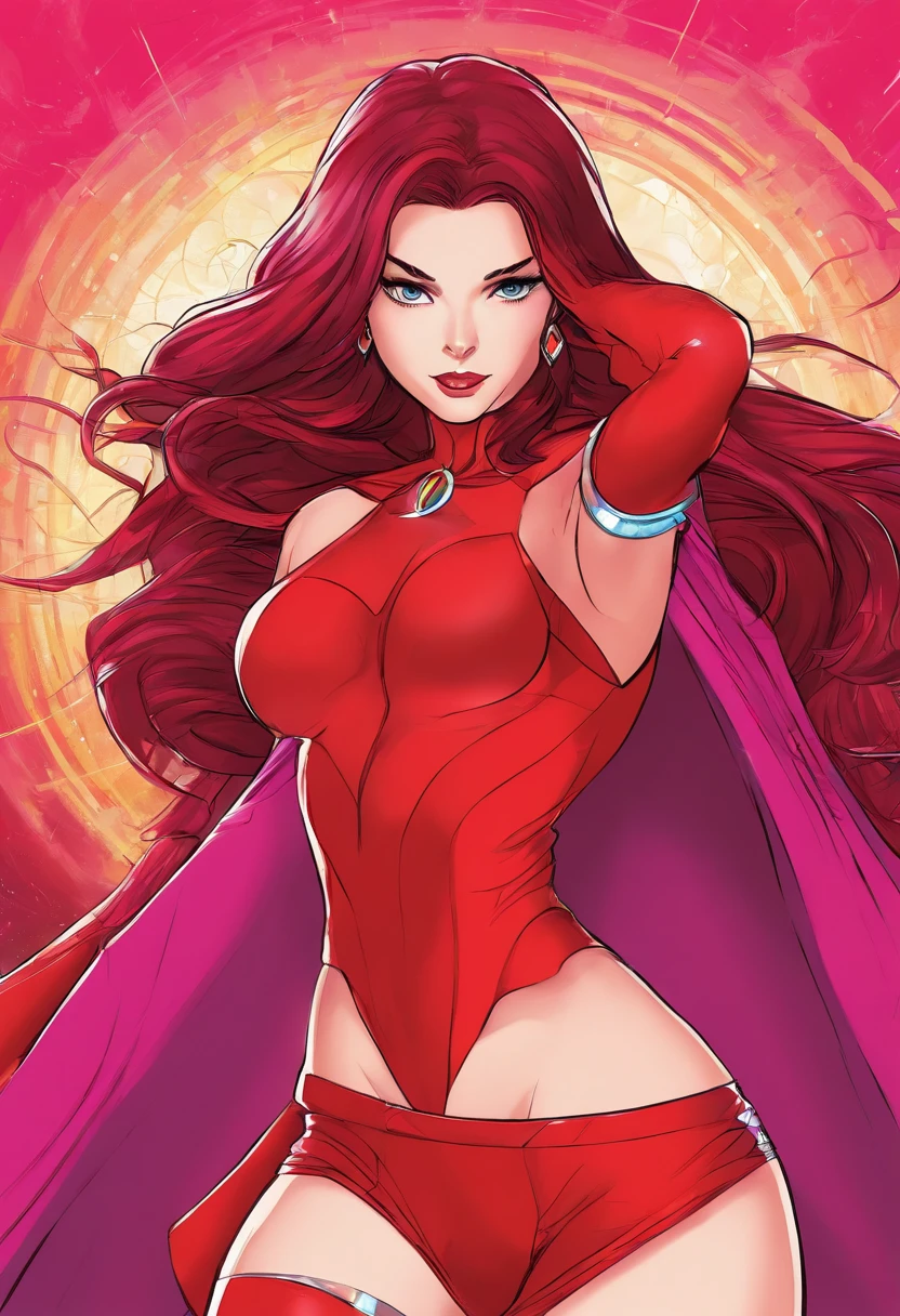 back view, brunette 18 yo exotic girl with dark eyeliner and eyeshadow, wearing (red high cut playboy bunny micro-bodysuit thong with hot pink pantyhose), deep cameltoe, red stiletto gogo boots, red gloves, long pvc red shrug cape, long dark hair and cape blowing wildly, both arms hands pointing directly at the camera, cosmic jack kirby kirby-crackle effect background, scarlet witch cosplay