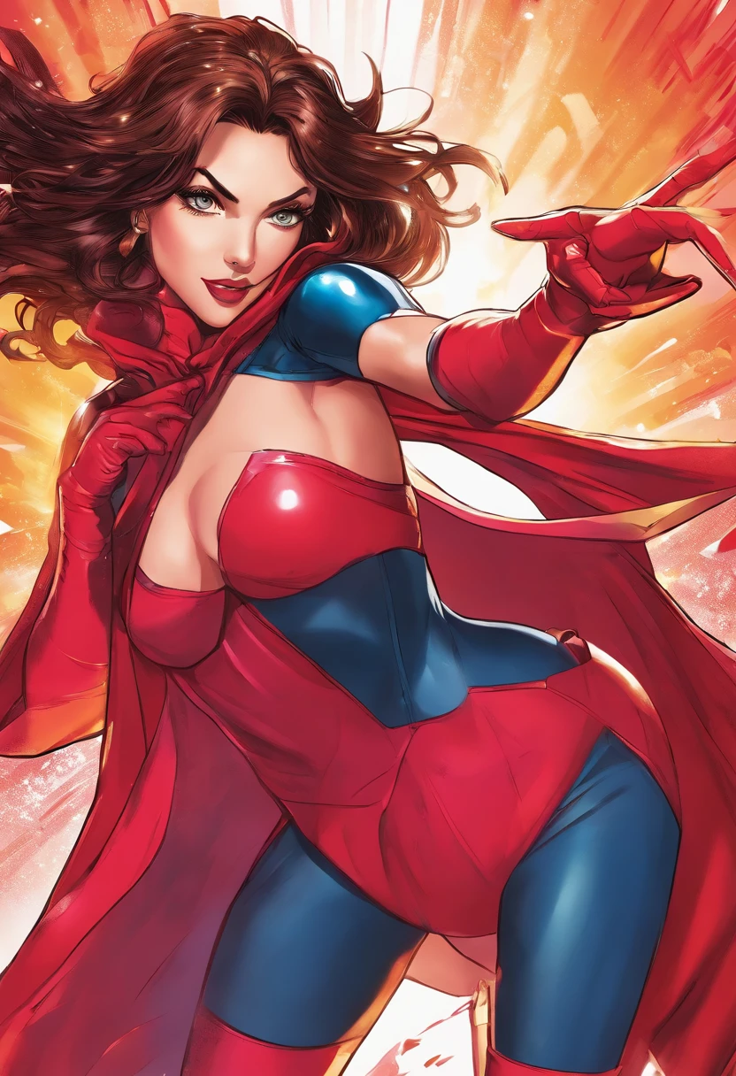 back view, brunette 18 yo exotic girl with dark eyeliner and eyeshadow, wearing (red high cut playboy bunny micro-bodysuit thong with hot pink pantyhose), deep cameltoe, red stiletto gogo boots, red gloves, long pvc red shrug cape, long dark hair and cape blowing wildly, both arms hands pointing directly at the camera, cosmic jack kirby kirby-crackle effect background, scarlet witch cosplay