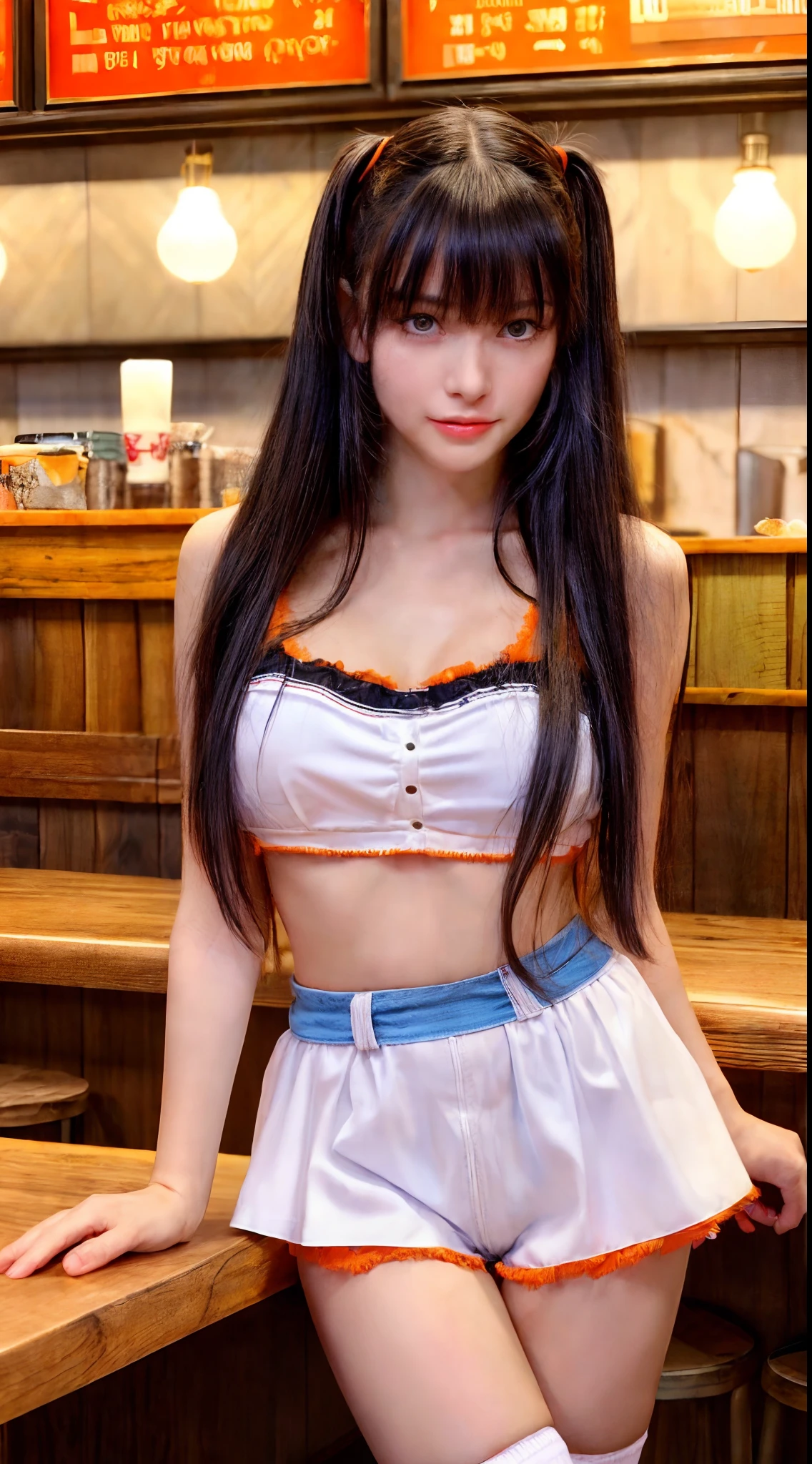 (masterpiece, best quality:1.2), cowboy shot, solo, 1girl, black long hair with bangs, skinny, in a restaurant, leaning against counter, orange short shorts, white thigh high socks, orange crop top, shy, feminine, blue eyes, small chest, blushing, korean girl, pale skin, korean girl, innocent girl