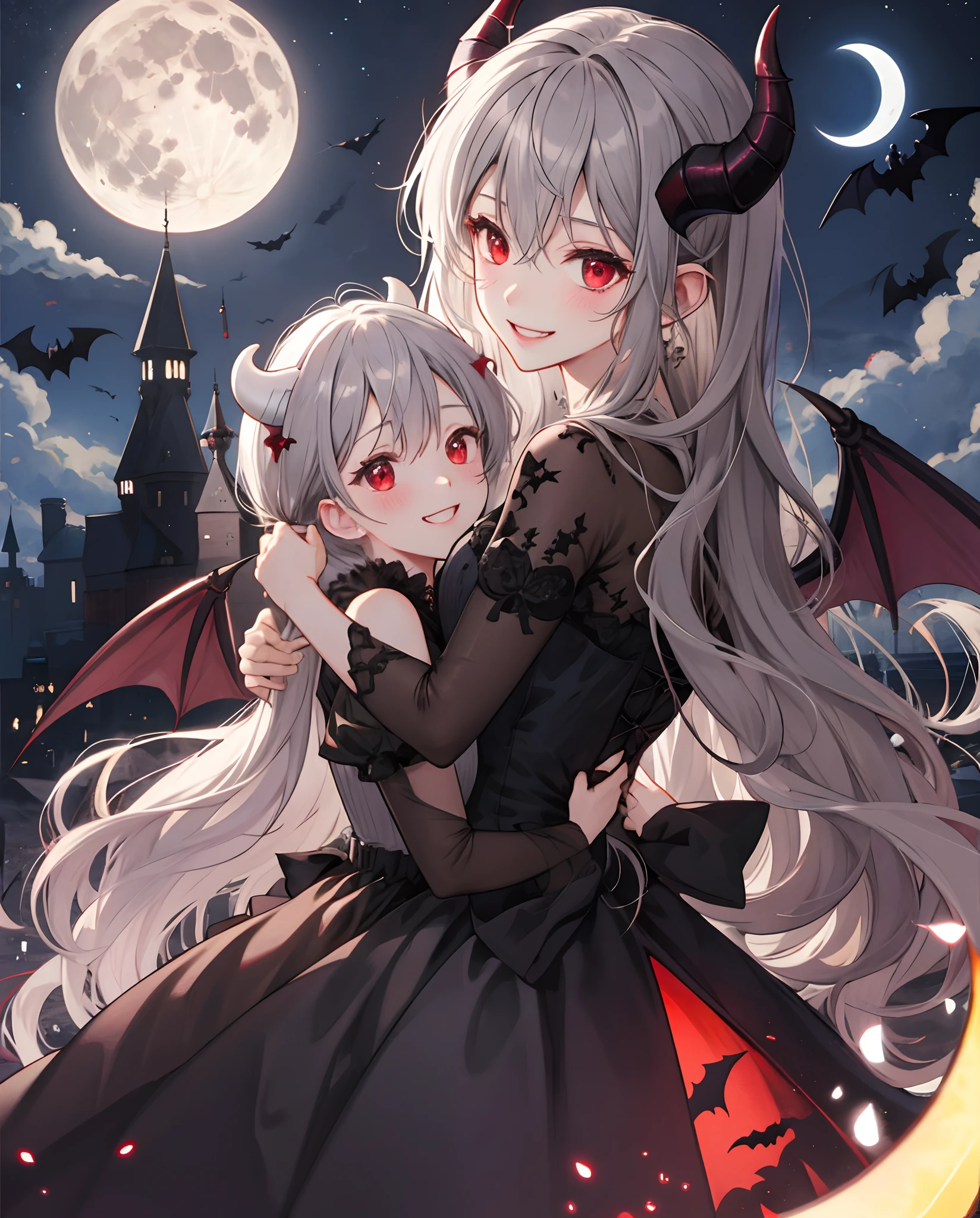 Bats
dress
Wavy gray hair、demon horns on head,red eyes、One beautiful vampire girl、red blush、Black Dress、Midnight、A smile、Western castles、a moon