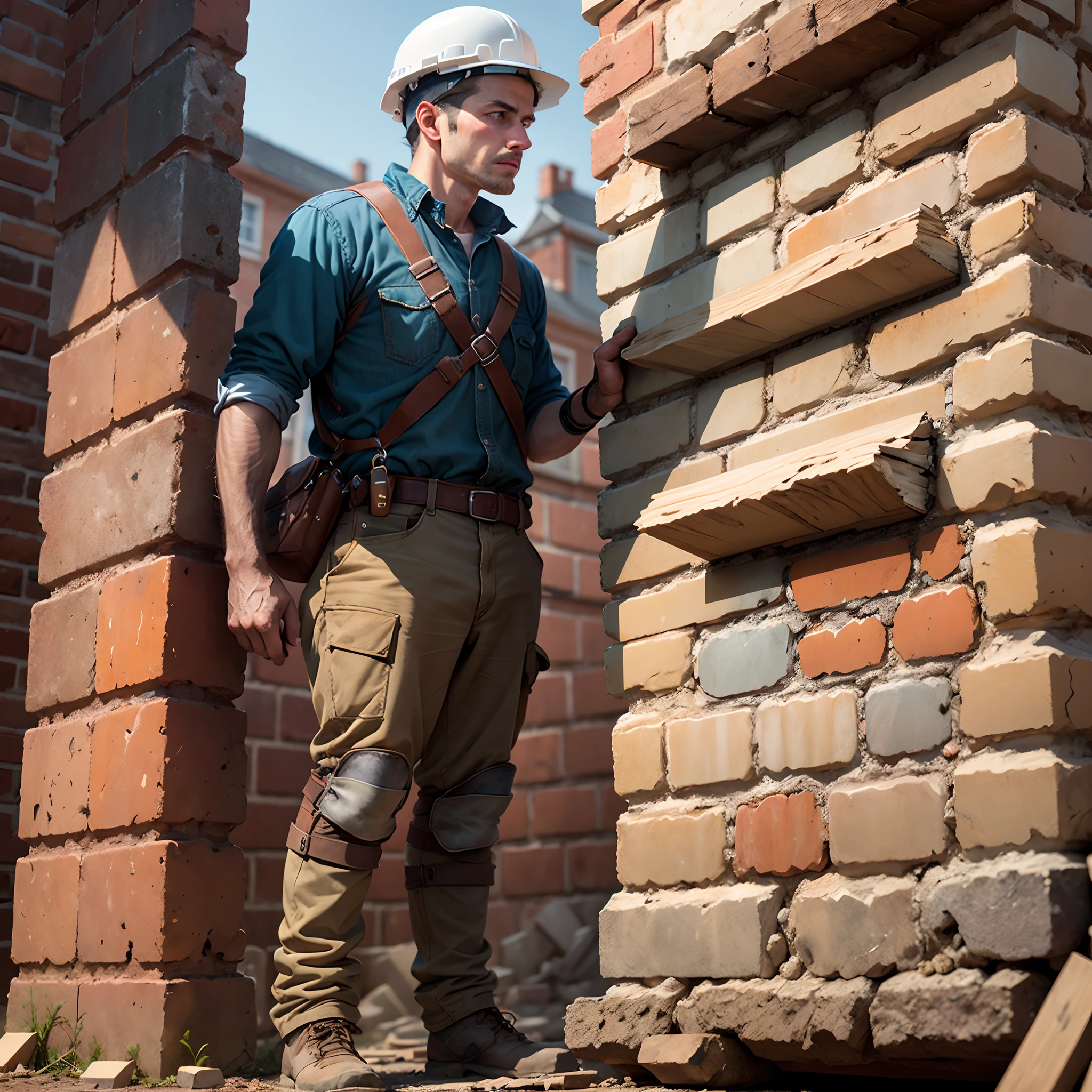 Bricklayer in construction with a history book