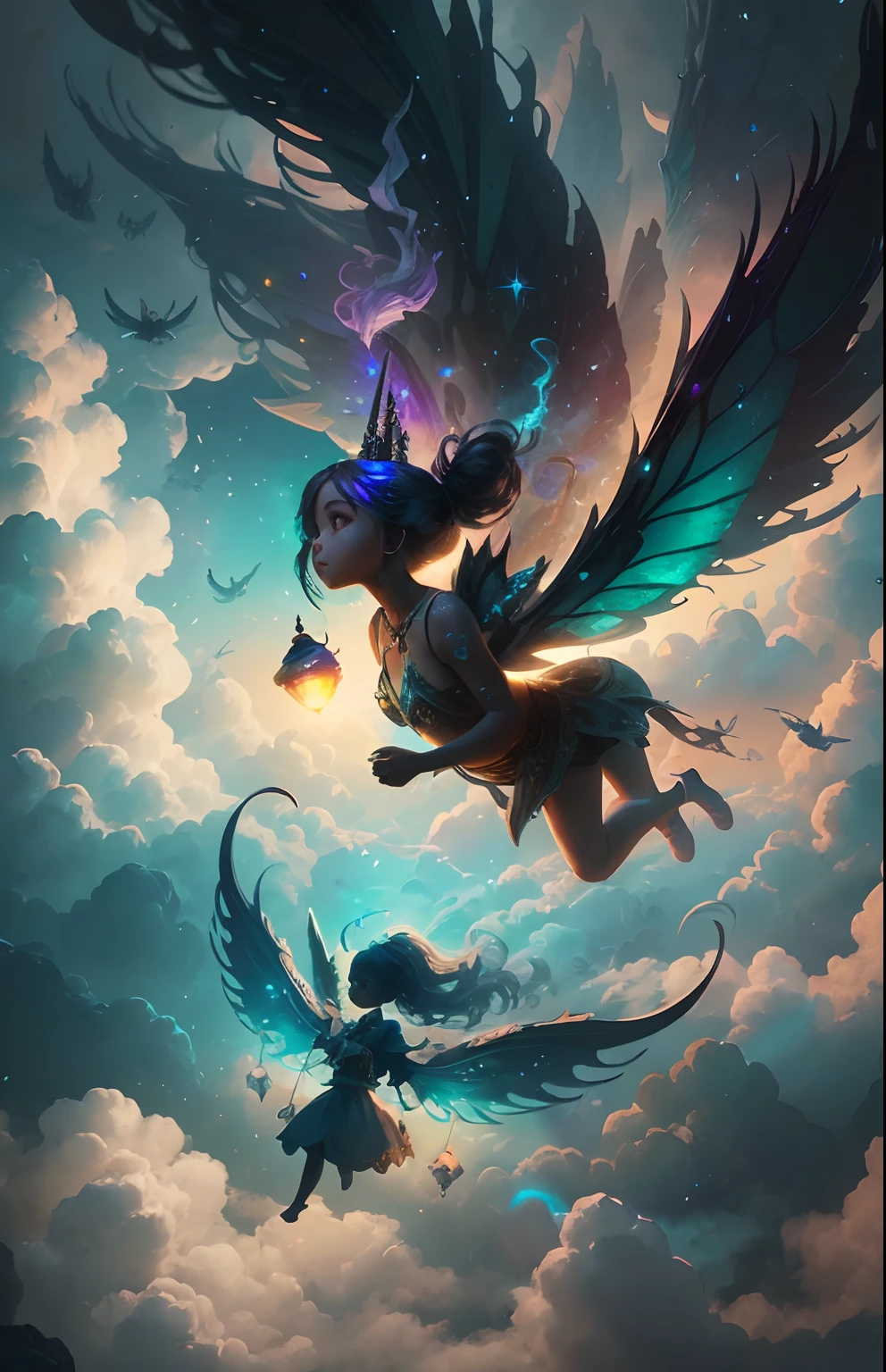 black skinned children elves flying in the sky among the clouds with unicorns in a sky full of black elves, black fairy angels flying, mystical forest with fairy dust in air shining, with iridescent light, 32k, ultra HD, unreal engine rendered, cinematic lighting, artgerm style, cgsociety 9, deviantart, art by Bella kotak, octane 3d rendering, masterpiece, highly detailed images --auto --s2