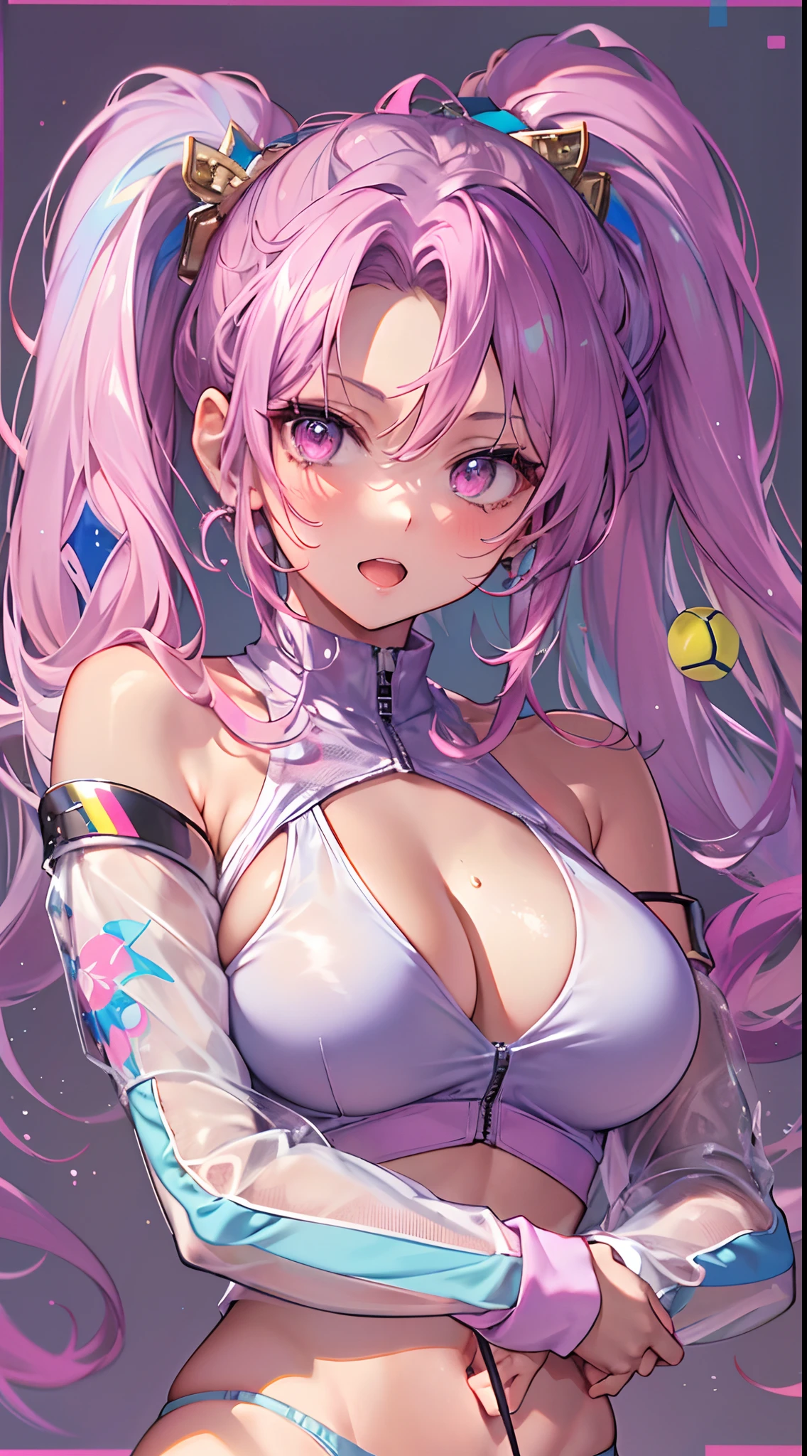 ((Masterpiece)), best quality, absurderes, ultra detailed, holographic, cowboy shot, golden ratio, super cute girl, mature girl, idol girl, super beautiful asian girl with very beautiful violet glowing eyes, beautiful glowing brown multicolored hair, high ponytail, nice and sexy body, slim body, perfect body, wearing a super tight anime printed leotard, an anime printed super tight off shoulder long sleeve crop top, a super aesthetic transparent mini jacket, beautiful hair ornament, pink jordan tennis, being photographed in a mall shop, undressing, showing neon pink panties, showing thong, shorts pulled down,