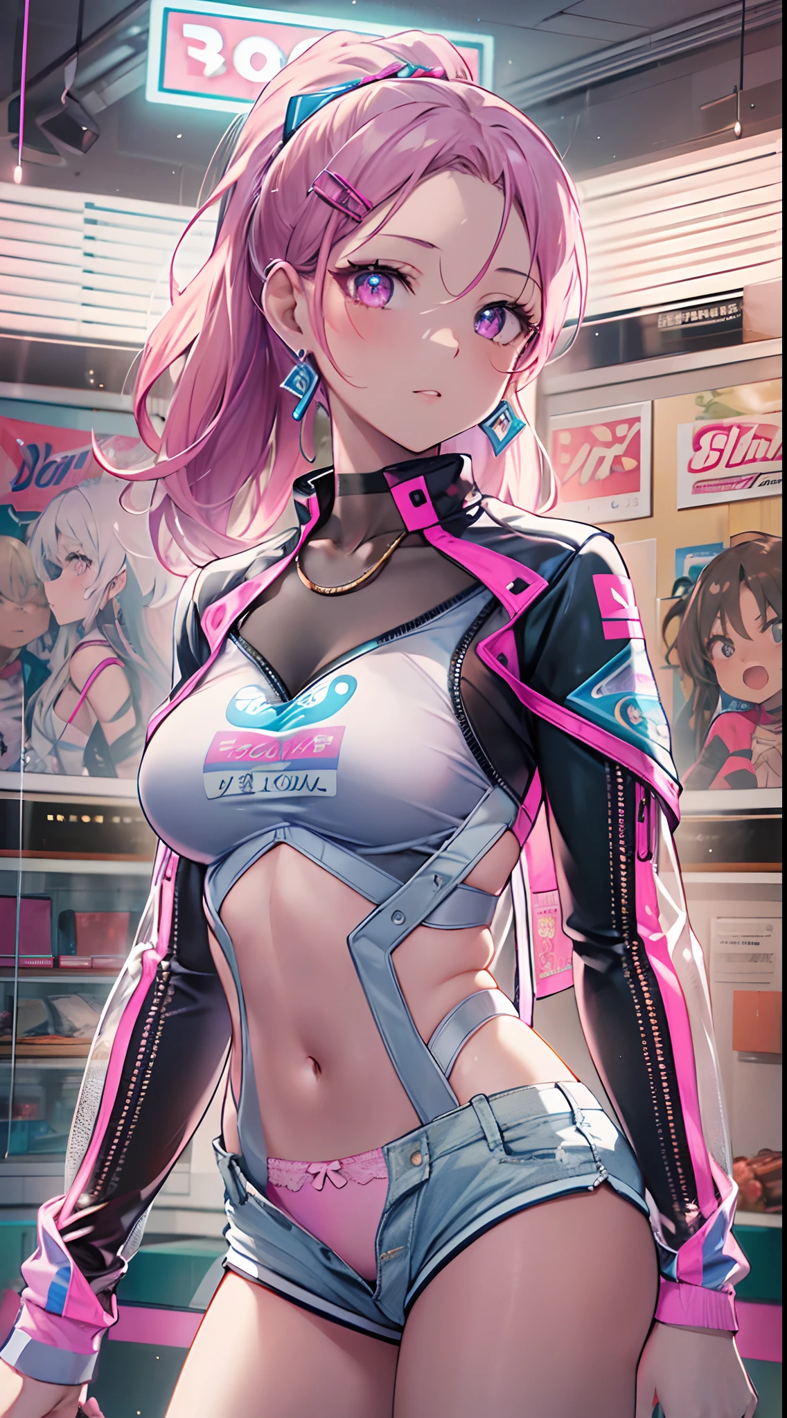 ((Masterpiece)), best quality, absurderes, ultra detailed, holographic, cowboy shot, golden ratio, super cute girl, mature girl, idol girl, super beautiful asian girl with very beautiful violet glowing eyes, beautiful glowing brown multicolored hair, high ponytail, nice and sexy body, slim body, perfect body, wearing a super tight anime printed leotard, an anime printed super tight off shoulder long sleeve crop top, a super aesthetic transparent mini jacket, beautiful hair ornament, pink jordan tennis, being photographed in a mall shop, undressing, showing neon pink panties, showing thong, shorts pulled down,