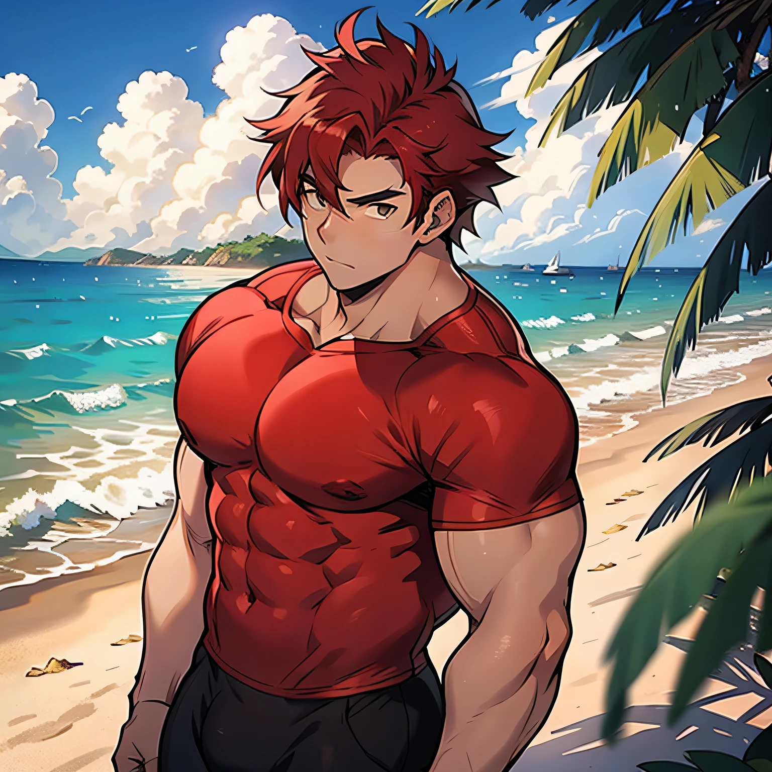 It generates an anime style image of a very handsome 15-year-old with red hair and muscular body on the beach, portant un string.