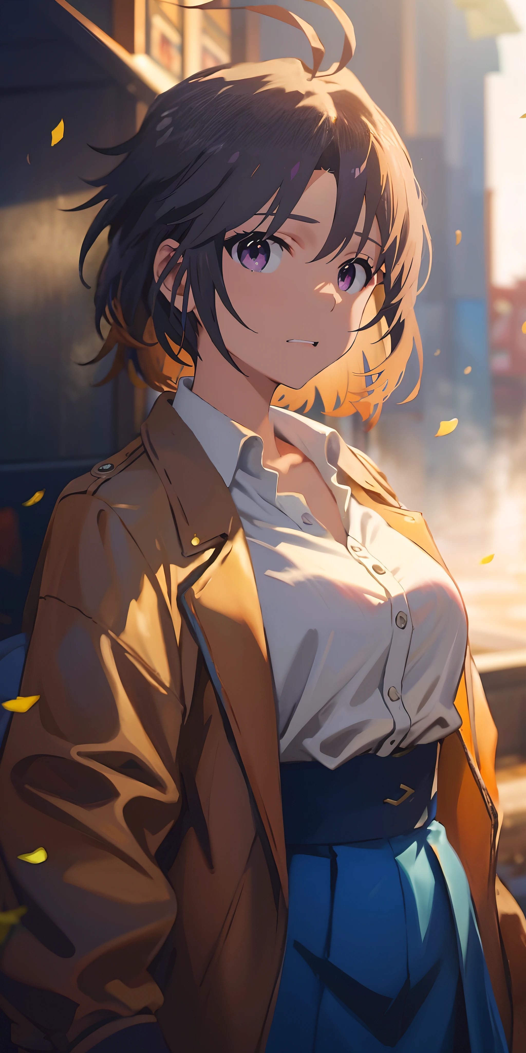 makoto kikuchi, (short hair, black hair:1.6), purple eyes, 1girl, earrings, solo, jacket, skirt, looking_at_viewer, breasts, shirt, white_shirt, black_jacket, belt, open_clothes, collared_shirt, medium_breasts, open_jacket, confetti, high-waist_skirt, "long shot scenic professional photograph of {prompt}, perfect viewpoint, highly detailed, wide-angle lens, hyper realistic, with dramatic sky, polarizing filter, natural lighting, vivid colors, everything in sharp focus, HDR, UHD, 64K", anime coloring, anime screencap, steaming body, fog, heavy breathing,