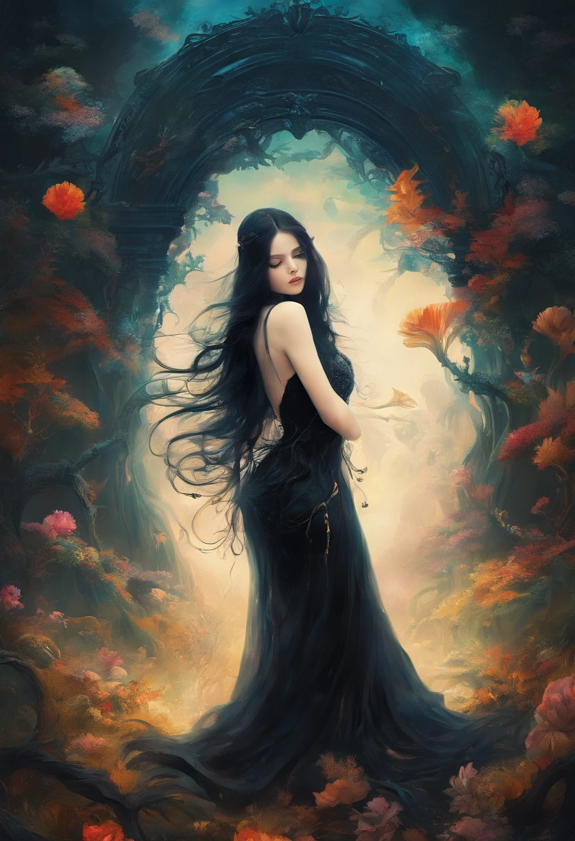 beautiful, perfect, girl, long black hair, blye eyes ,pale skin, curvy figure, short in hight, black silk dress, real , D cup brests