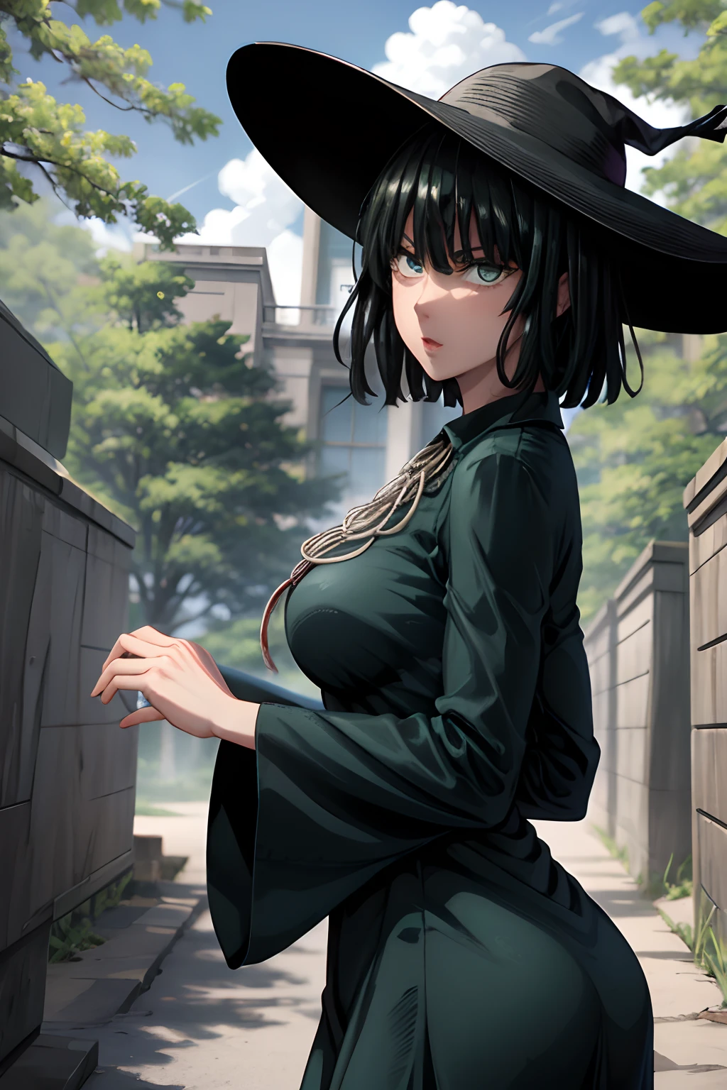 Fubuki, Fubuki dizfrasada de bruja, vestido barroco, sombrero puntiagudo de bruja, bosque de fondo, mirando al espectador,