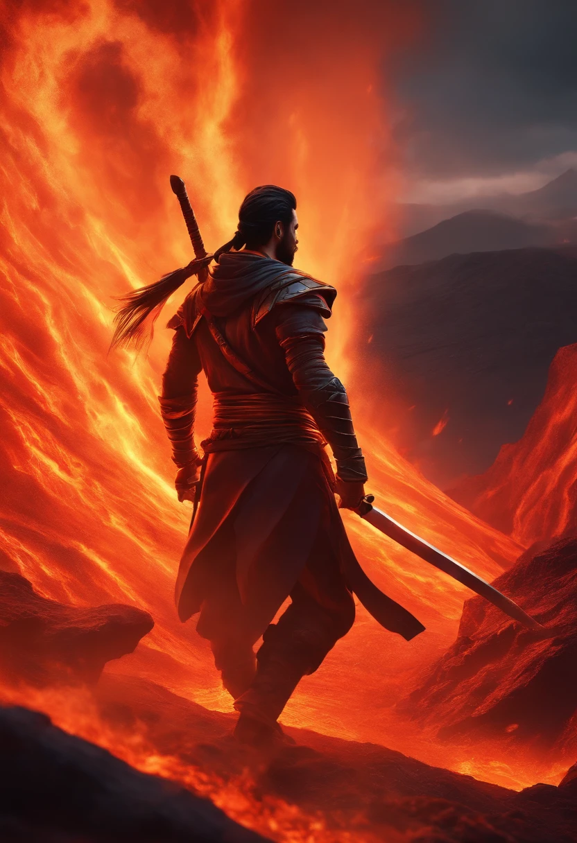 The character Yasuo from the game league of legends walking inside a volcano with the wind cooling the lava on his feet