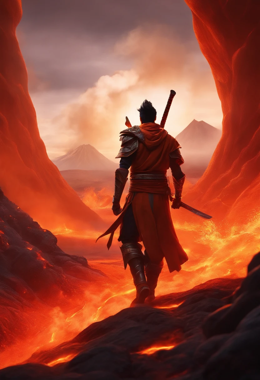 The character Yasuo from the game league of legends walking inside a volcano with the wind cooling the lava on his feet