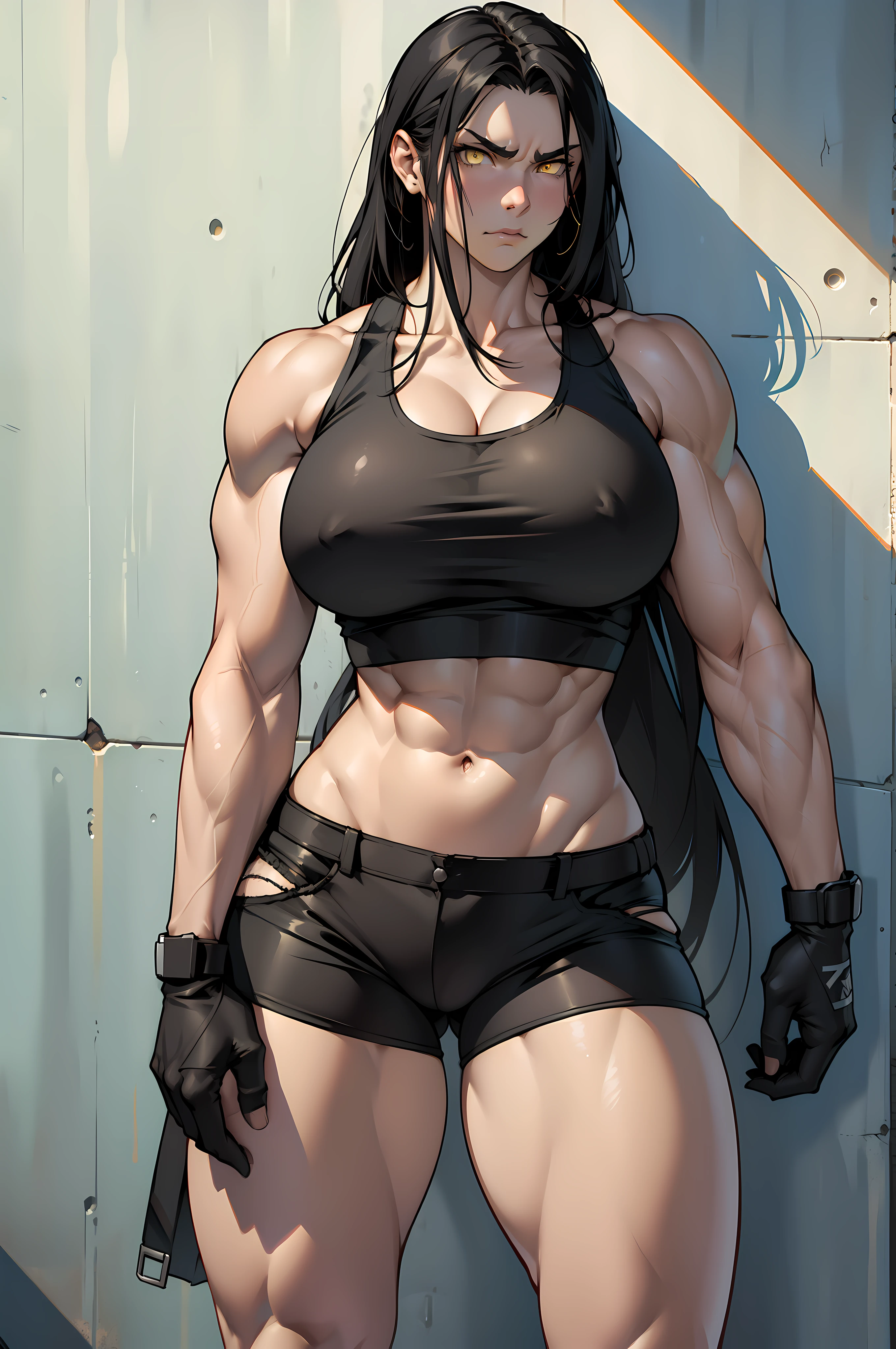 solo, ((1 girl)), very long hair, black hair, angry, yellow eyes, ((((muscular)))), ((huge tits)), ((thick thighs)), ((wide hips)), (cowboy shot), pale skin, tank top, bike shorts, standing, toned body, against wall