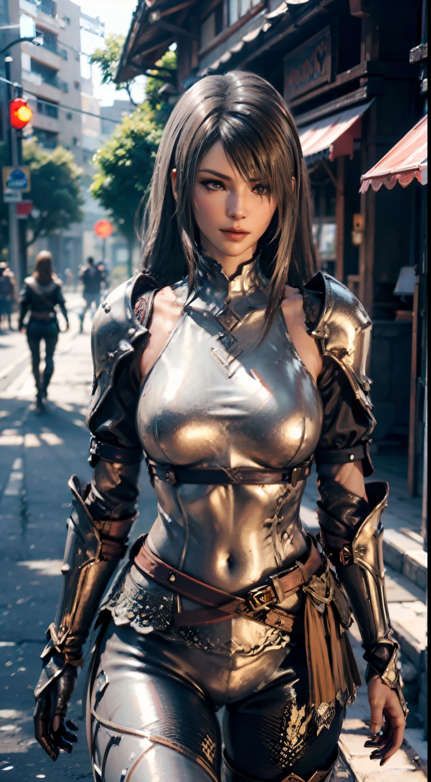 ((unreal enginee 5)), lifelike rendering, excellent, full armor, Nightcloak, Helm, (Yoga Hot Pants), looking in camera, Sexy pose walking down the street, Beautiful face, makeup, CGI Mix, (Photorealism:1.2), Ultra-realistic UHD face, Slim waist, an hourglass figure, Half body, ((Glowing skin)), ((Shiny skin)), Realistic body, ((She has a sexy body)), ((Clean skin)), Photorealistic, Bokeh, Motion Blur, masutepiece, hight resolution, 1080p, Super Detail, Textured skin