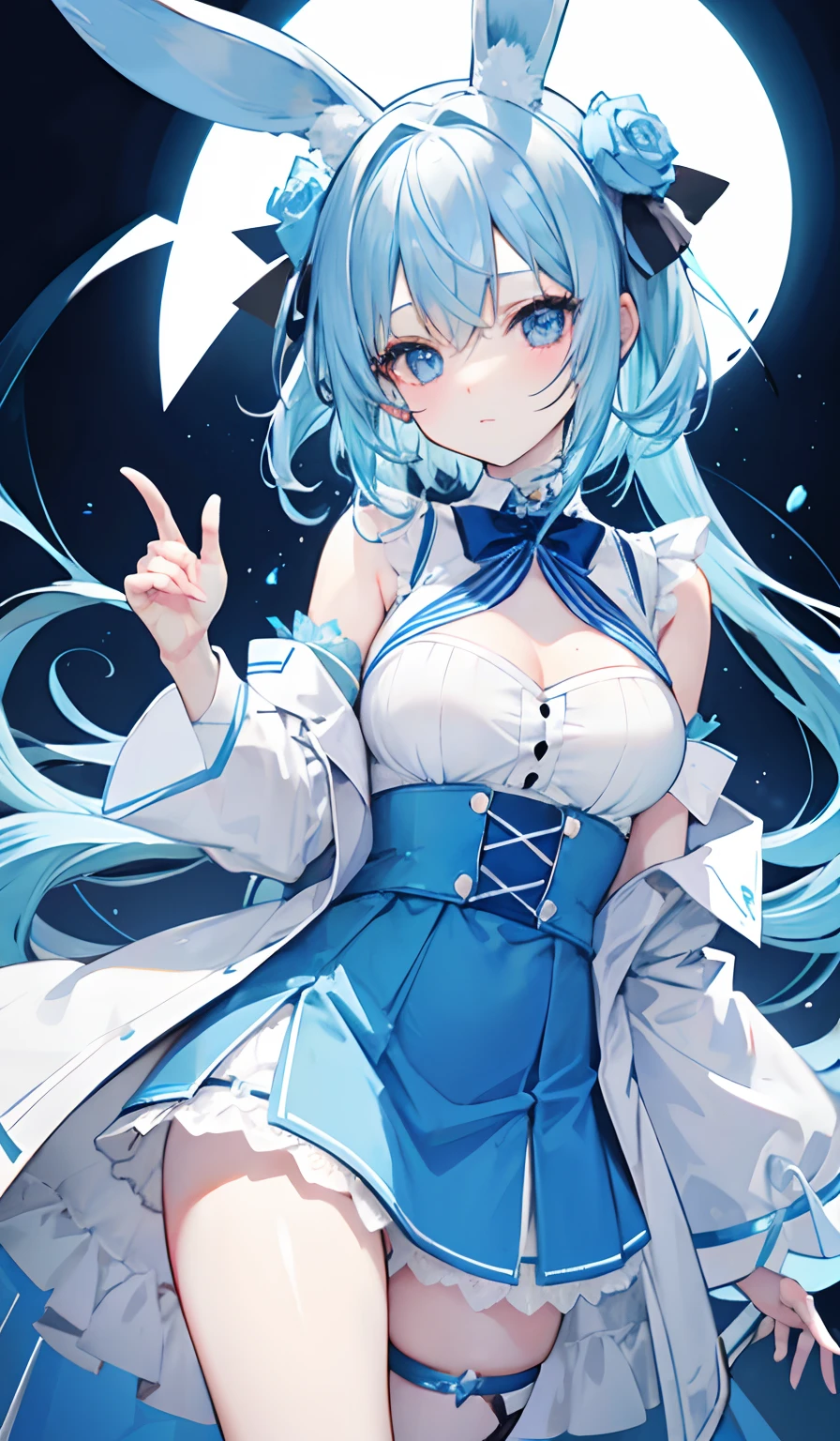 Pastel blue hair,Inner colorDark blue,Eye color is Aoi,Wearing a light blue and white jersey,Rabbit ears,She's a pretty girl