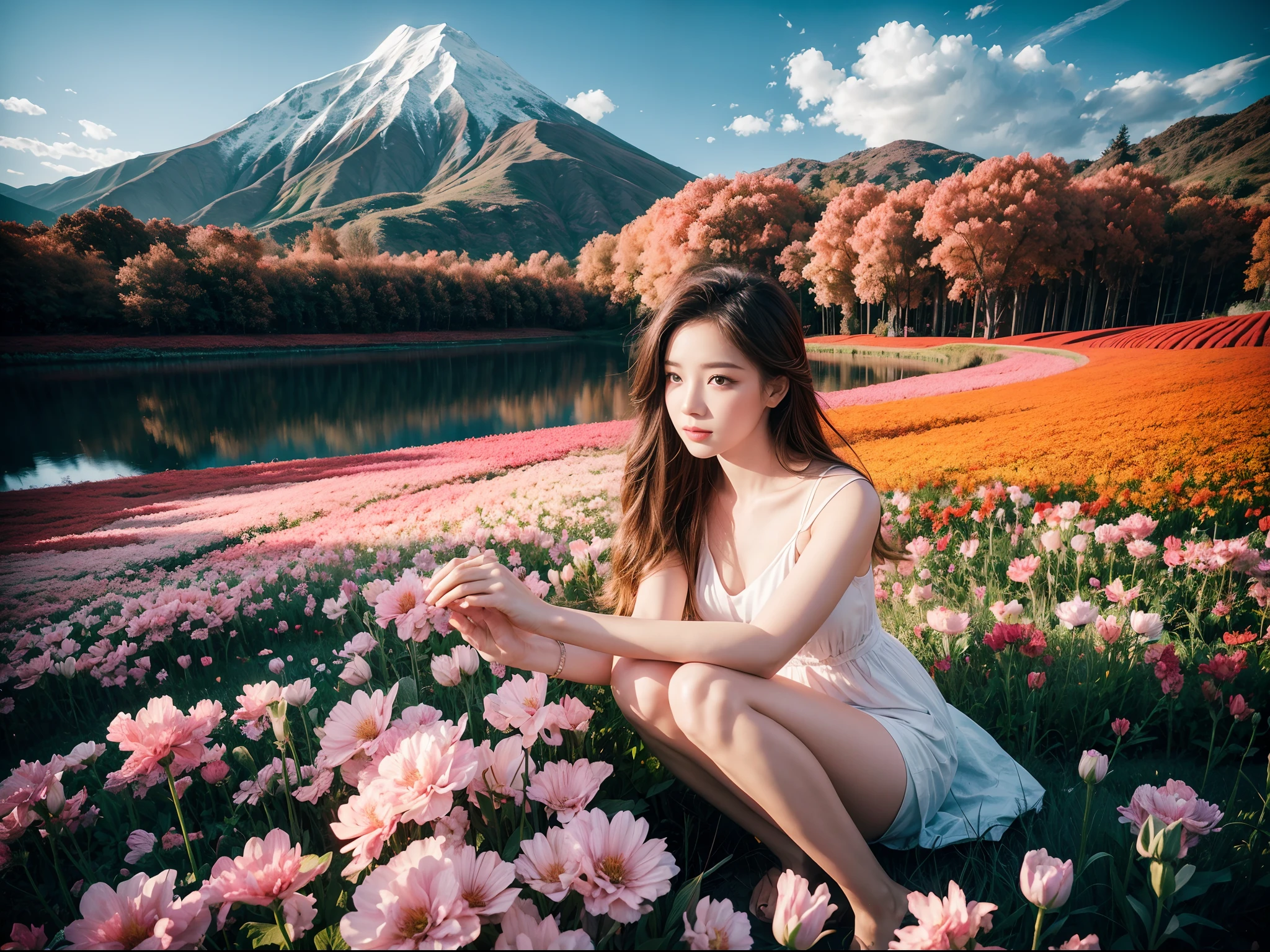 Beautiful girl sitting in a flower field, Infrared photography,Graphic design,poster for,fine art,vivd colour