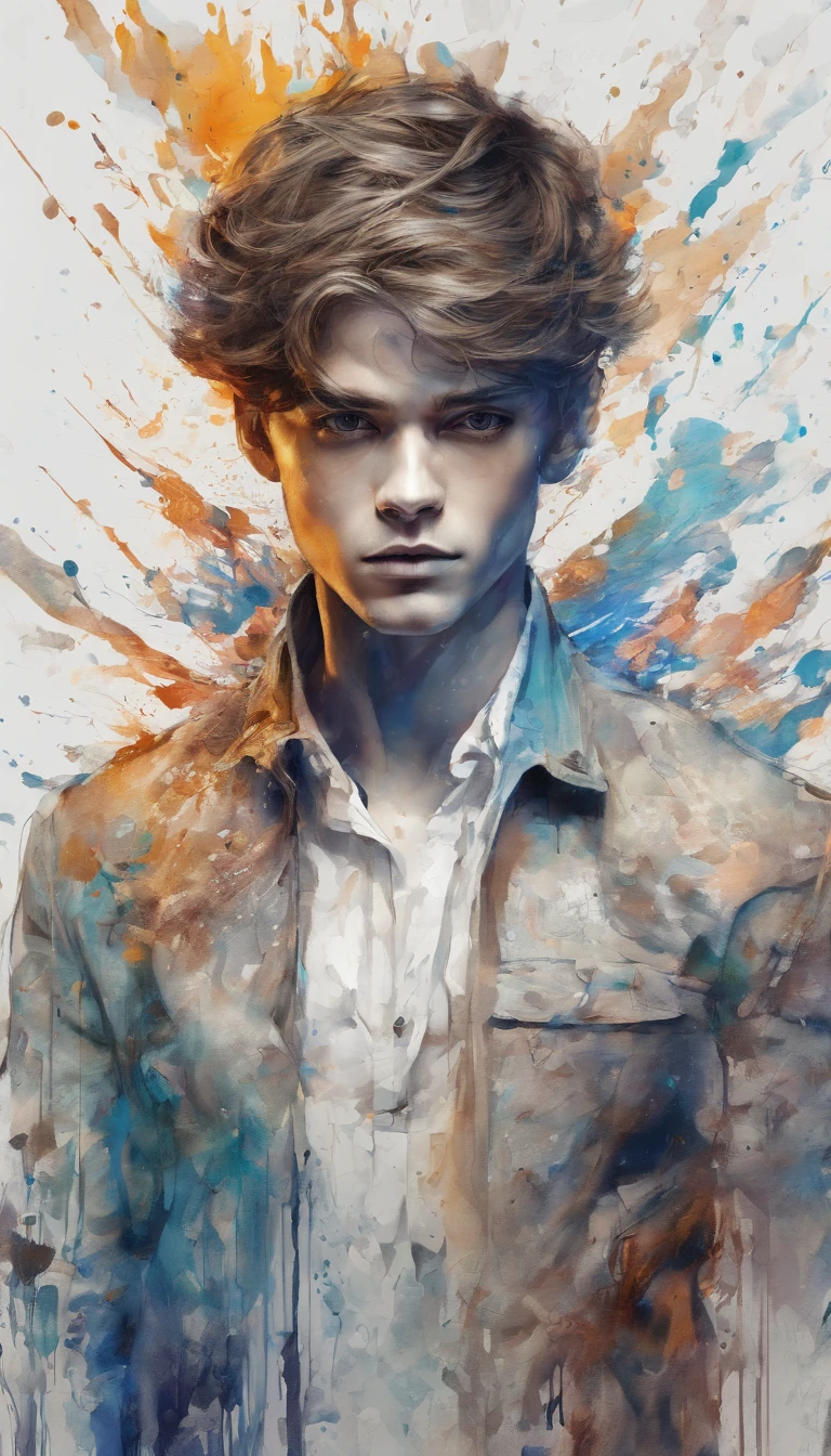 Perfect centralization, Fantastic particles, delight, Standing position, Abstract beauty, centre, Looking at the camera, Facing the camera, nearing perfection, Dynamic, highly detailed, Liso, foco nítido, 8K, A high resolution, illustration, Art by Carne Griffiths and Wadim Kashin, A background with distinct strokes, Background with fragment color, tons vívídos, Ink nebula background, boy, olhos cor de mel, brunette color hair,The shape of the athletic physique, extremely detaile,Dissipate particles