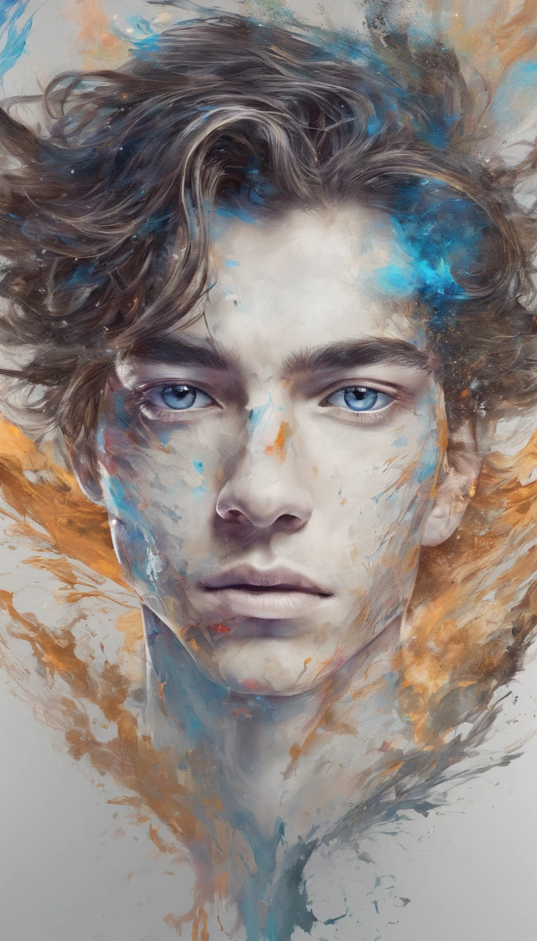Perfect centralization, Fantastic particles, delight, Standing position, Abstract beauty, centre, Looking at the camera, Facing the camera, nearing perfection, Dynamic, highly  detailed, Liso, foco nítido, 8K, A high resolution, illustration, Art by Carne Griffiths and Wadim Kashin,  A background with distinct strokes, Background with fragment color, tons vívídos, Ink nebula background, 17 year old boy, olhos cor de mel, brunette color hair,The shape of the athletic physique, extremely detaile,Dissipate particles
