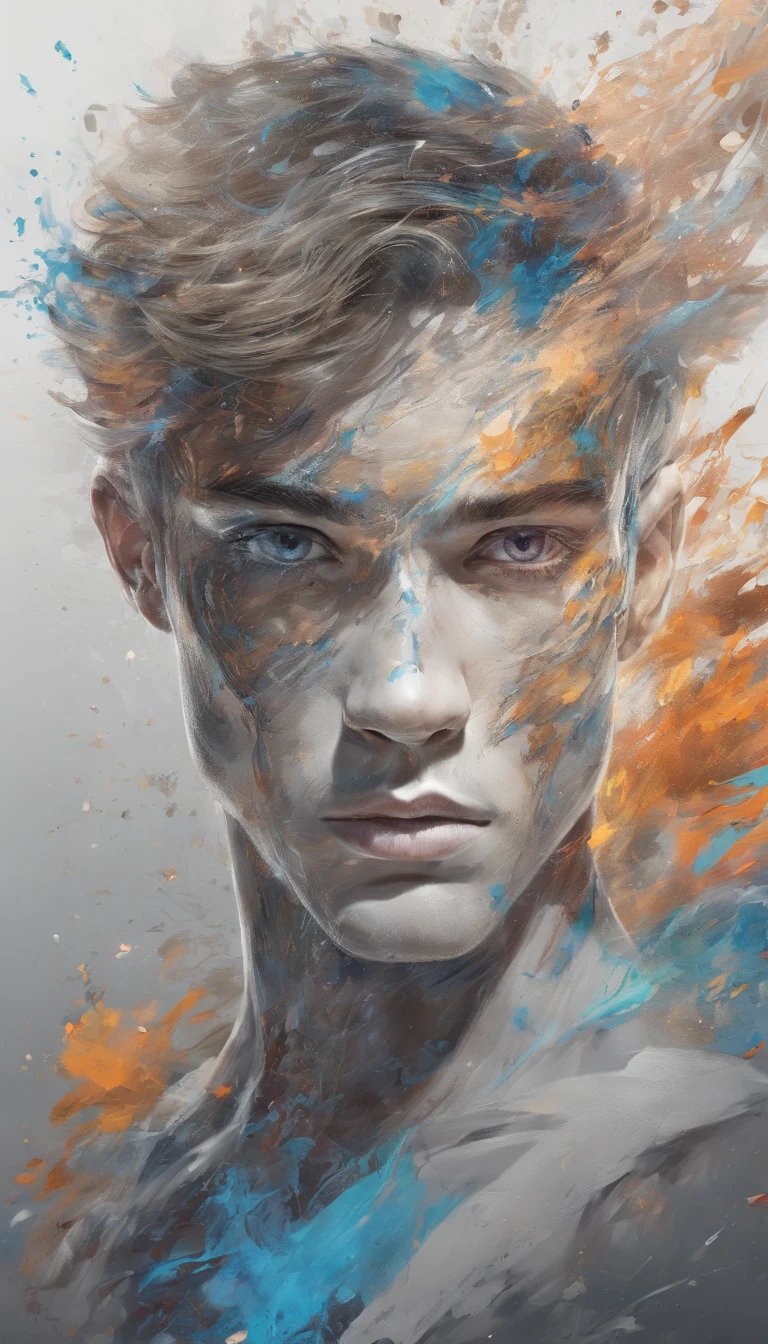Perfect centralization, Fantastic particles, delight, Standing position, Abstract beauty, centre, Looking at the camera, Facing the camera, nearing perfection, Dynamic, highly detailed, Liso, foco nítido, 8K, A high resolution, illustration, Art by Carne Griffiths and Wadim Kashin, A background with distinct strokes, Background with fragment color, tons vívídos, Ink nebula background, 17 year old boy, olhos cor de mel, brunette color hair,The shape of the athletic physique, extremely detaile,Dissipate particles