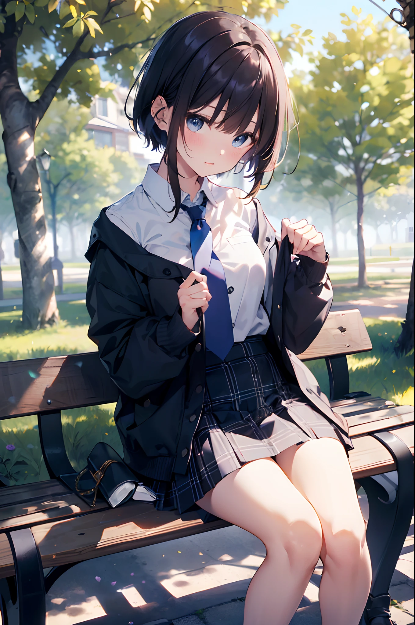 (top-quality、in 8K、32K、masterpiece、nffsw、超A high resolution、Impresionismo、Photorealsitic:1.2)、cowboy shot、foco nítido、detailed faces and eyes、(À la Fed Tree with Purple Flowers in Park with Bench, Breathtakingly beautiful tree々, Breathtaking - beautiful tree々々taking photo, Weeping willow and flowers, inspired by Matsumura Goshun, by Ikuo Hirayama, by Takeharu Matsumura, Magic Tree, by Kaii Higashiyama, Beautiful trees, very magical and dreamy)、Sharp pupils、Realistic pupils、beauitful face、18 year old beautiful girl、shinny skin、Bery short hair、Beautiful dark brown hair、Blunt bangs、Dark blue eyes、Shirt、neck tie、Plaid miniskirt、Black socks、(Have a skirt、Lifting skirt、I can see the white panties:1.3)、(Embarrassed look:1.2)、Mel Kishida