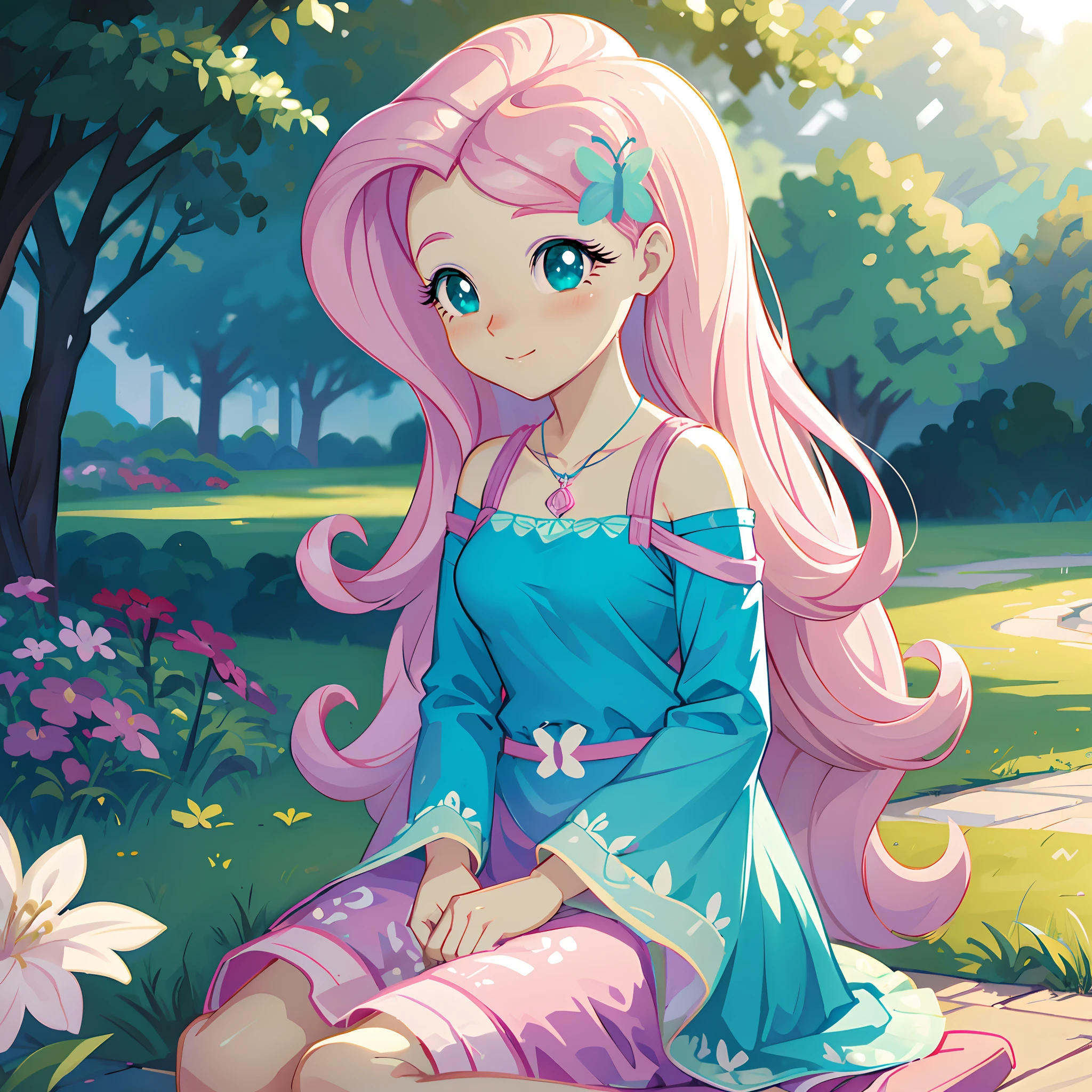 Fluttershy, fluttershy from my little pony, fluttershy in the form of a girl, big lush breast, (best quality, 8k, masterpiece:1.2,),Cutest,Cute girl,solo, ,Beautiful face, Beautiful eyes, Beautiful hair, Light pink long wavy hair, Lots of colorful flowers, sitting down happily but languidly, soft sunlight, vivid colors, shimmering turquoise eyes, falling petals, peaceful garden, butterflies, lovely turquoise dress, innocent smile,blissful atmosphere, serene background, dreamy ambiance, lively atmosphere, sparkling dewdrops, charm, magical garden, pastel hues, gentle breeze, dainty features,endearing beauty, enchanted scenery.